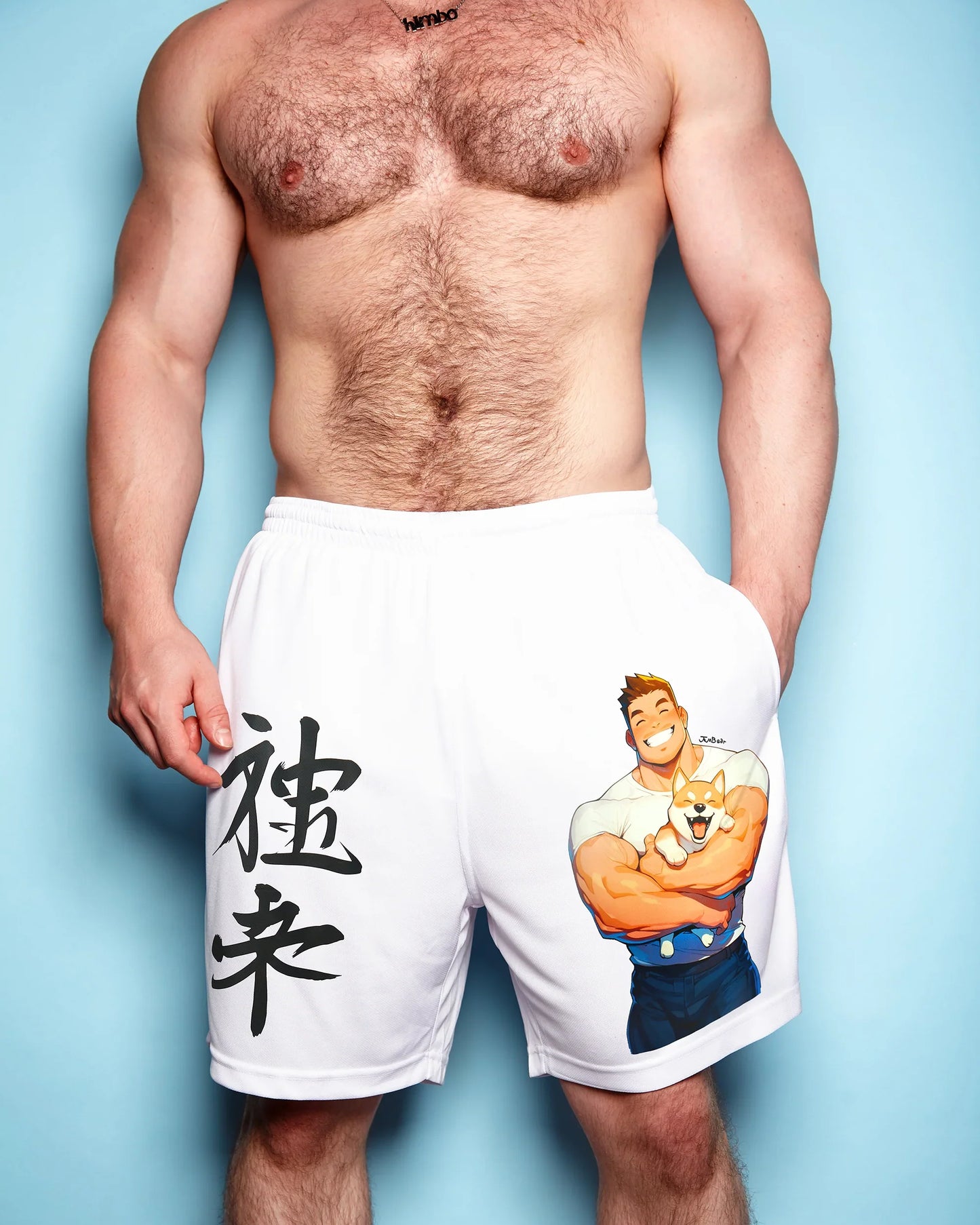Jojo Bear: Hunky Hank with his Shiba Inu on white - basket ball shorts