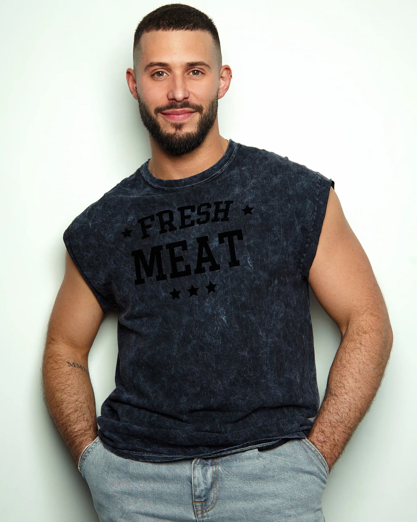 Fresh Meat - black flock on stone washed black sleeveless tshirt