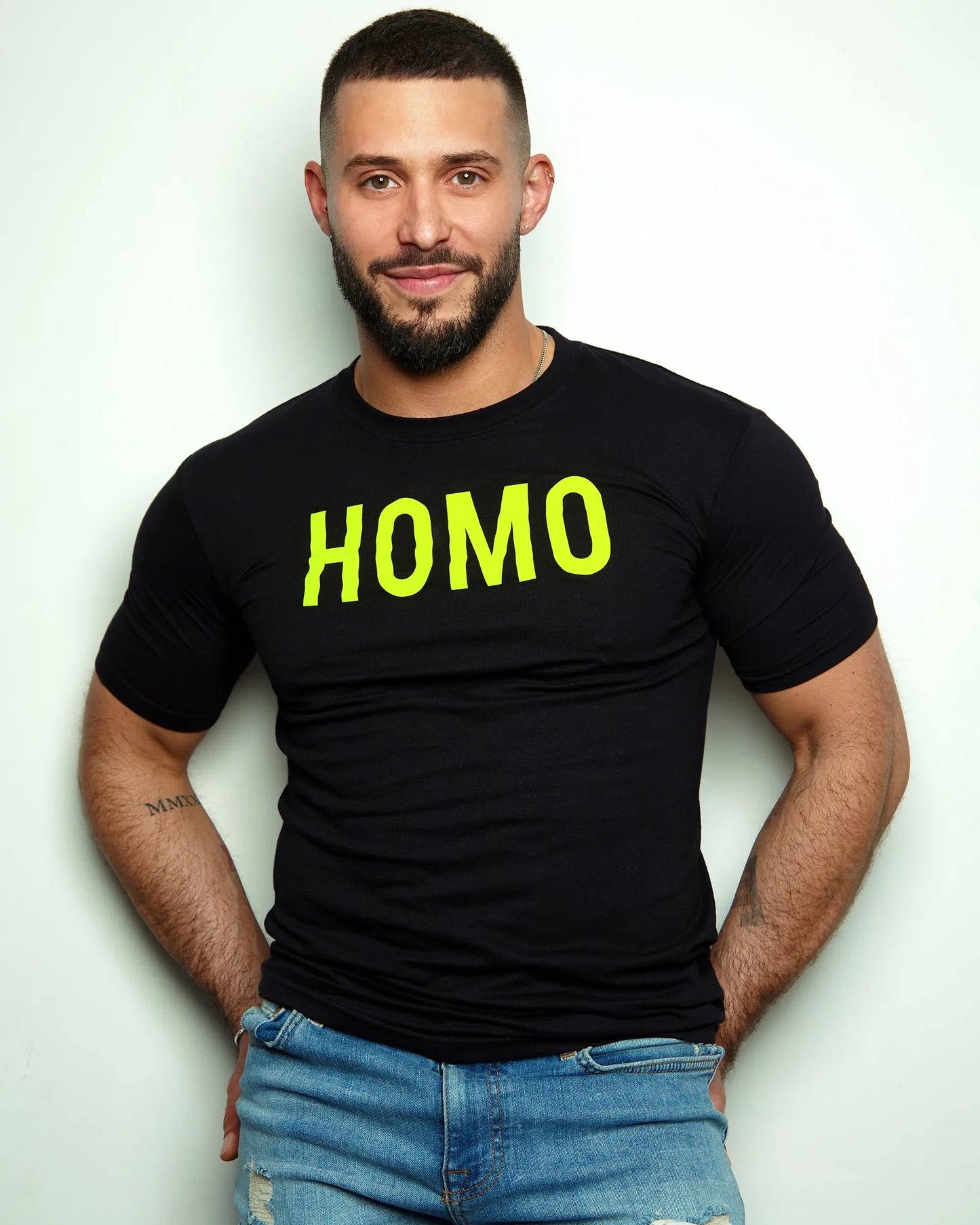 HOMO Logo, fluorescent yellow flock on black tshirt