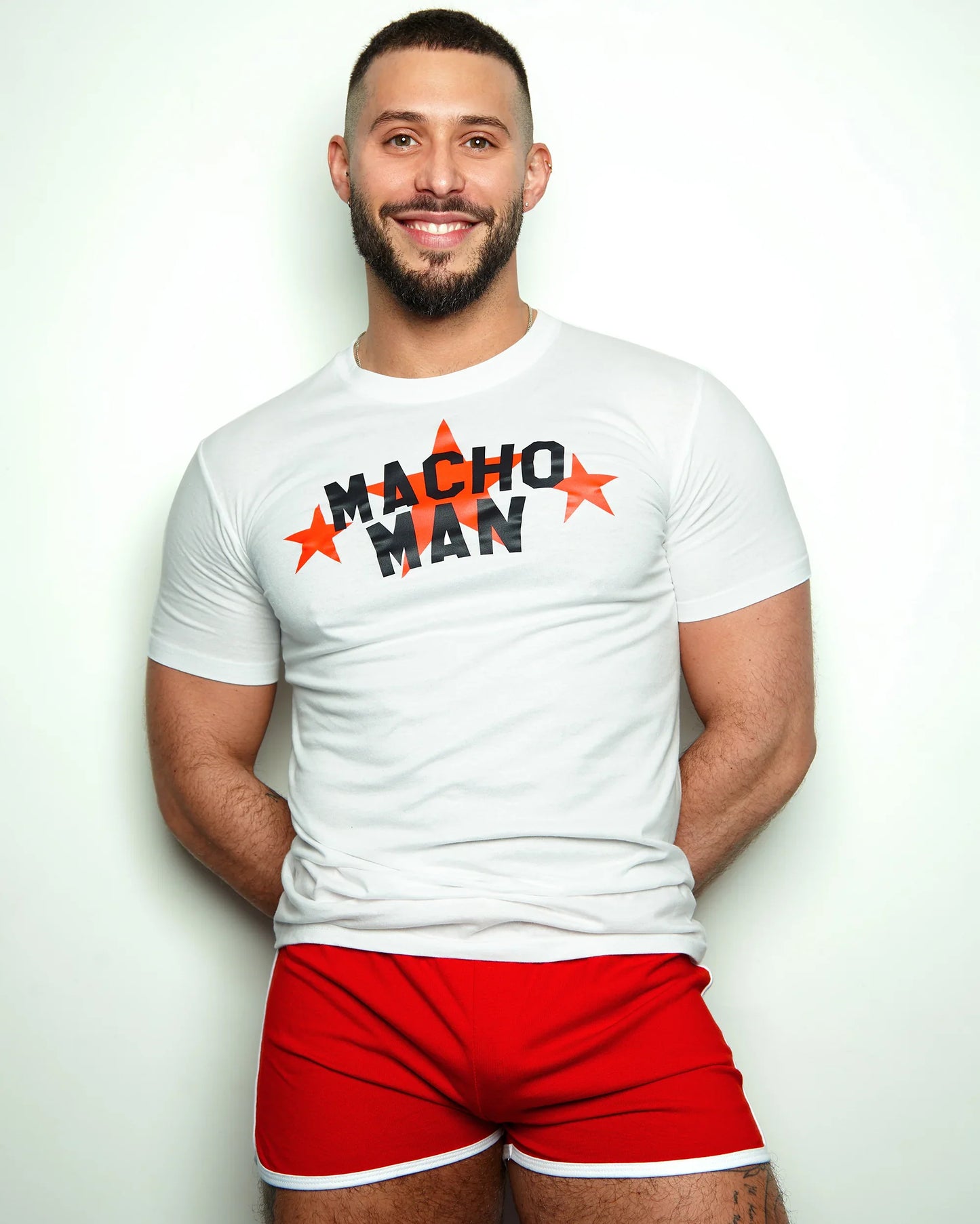 Slogan tee: Macho man on white tshirt