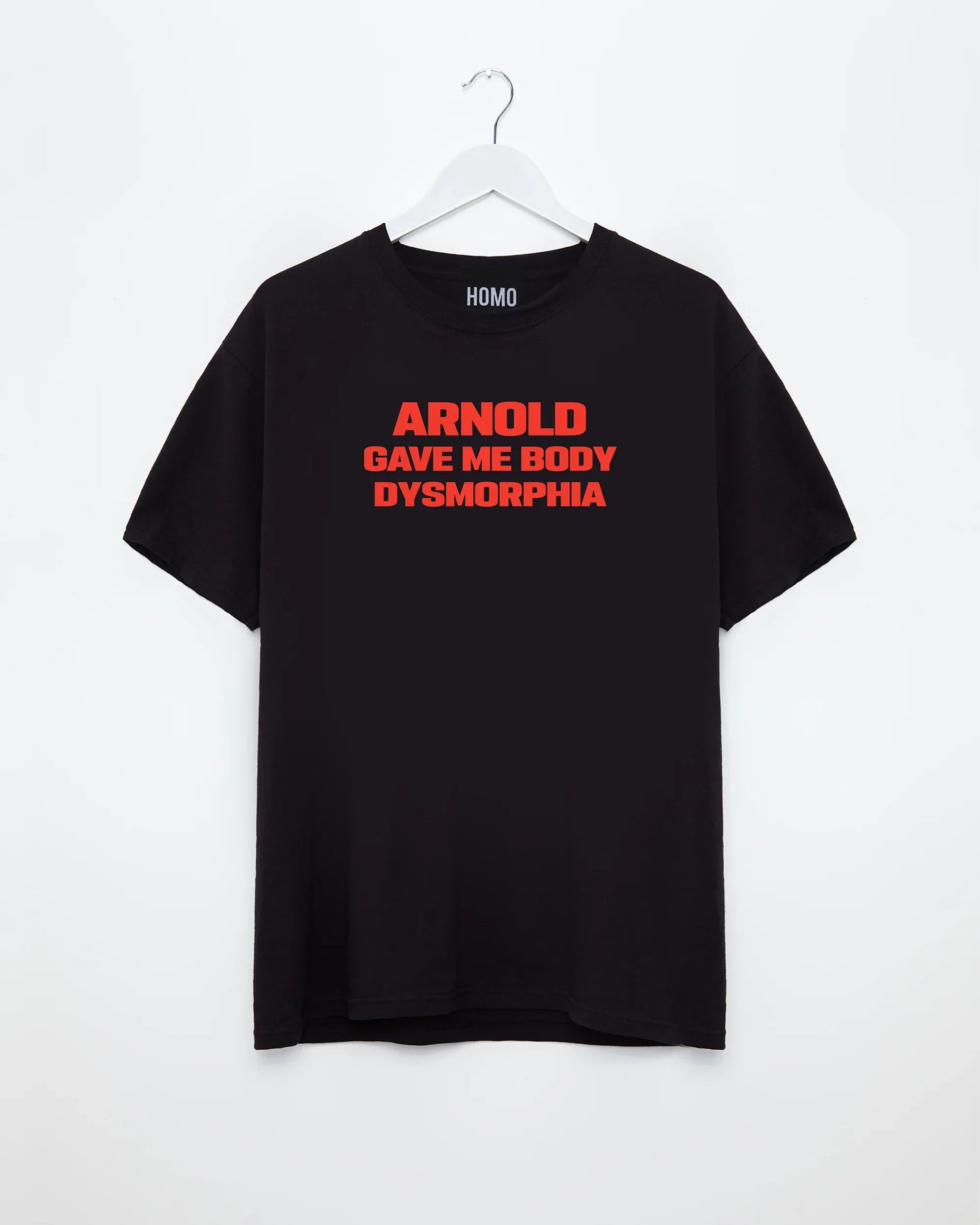 Arnold gave me body dysmorphia, red print on black - tshirt