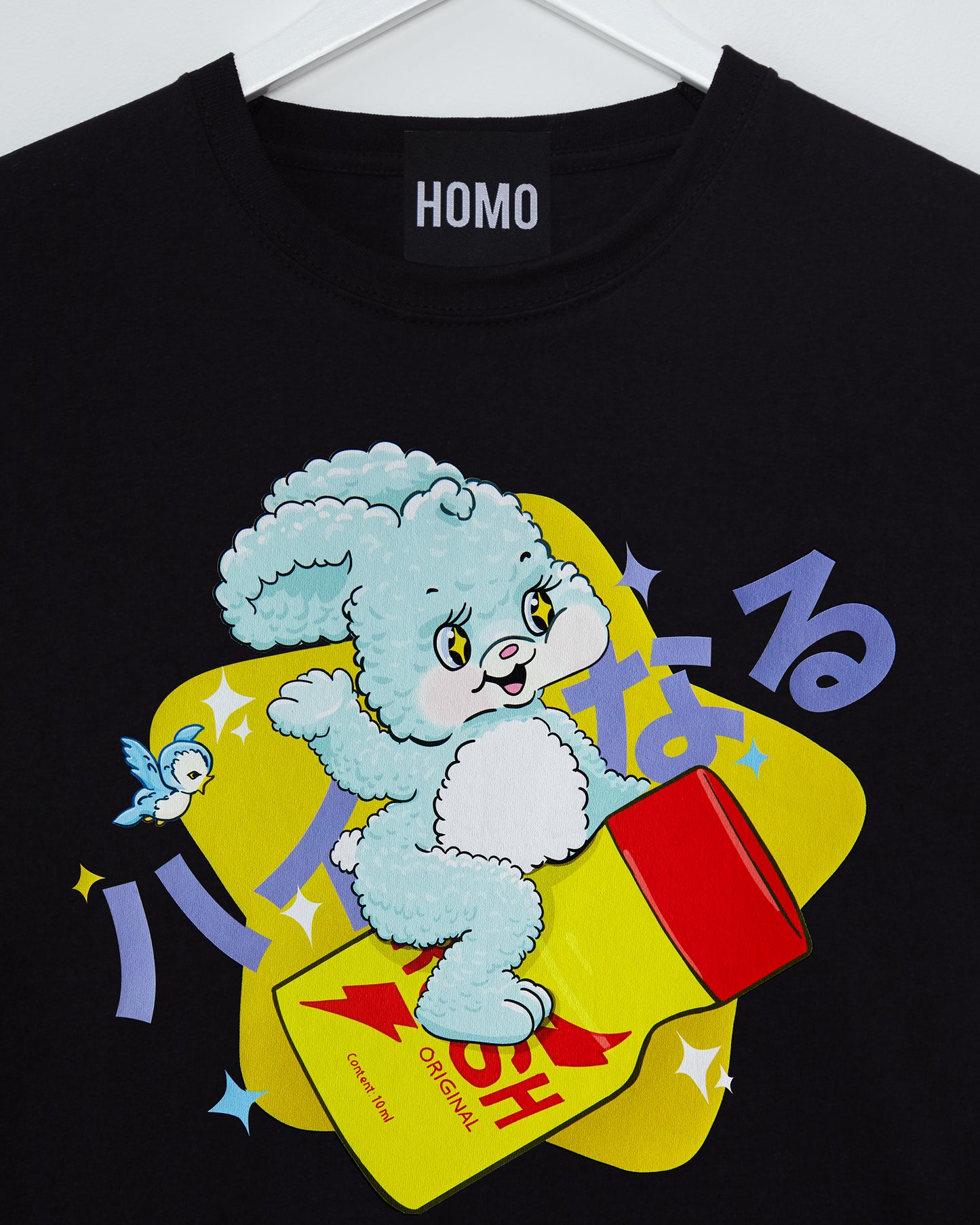 Derrick the bunny rides poppers on black - tee