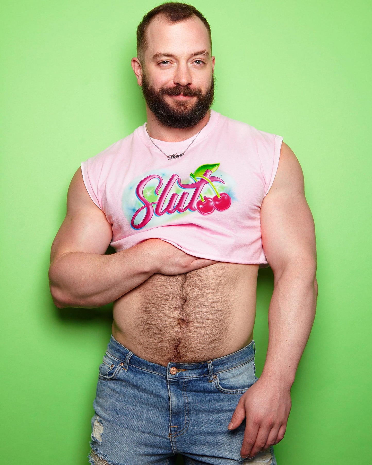 Spray paint slut on pink - sleeveless crop top.