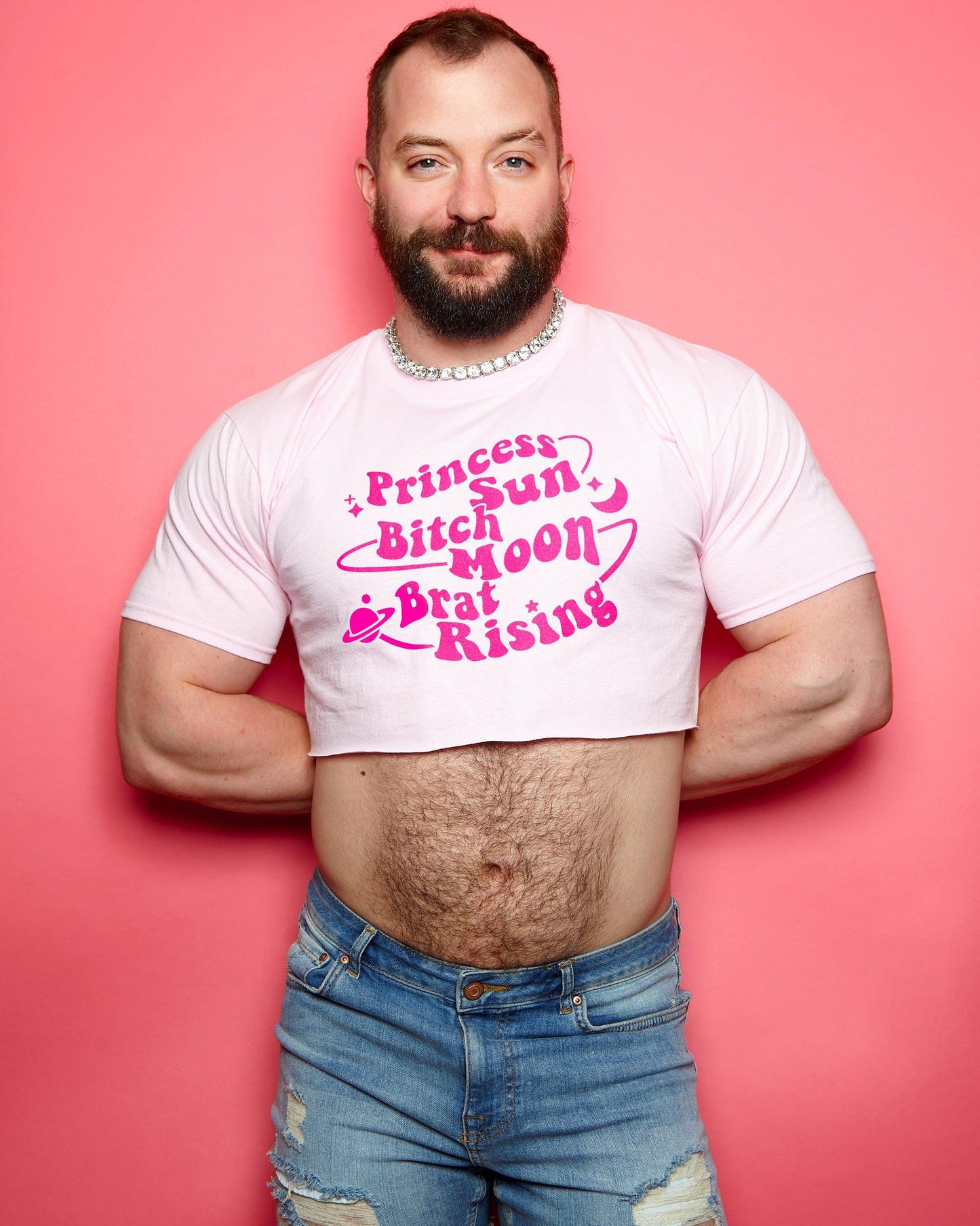 Princess sun, bitch moon, brat rising. Pink flock on pink - crop top.