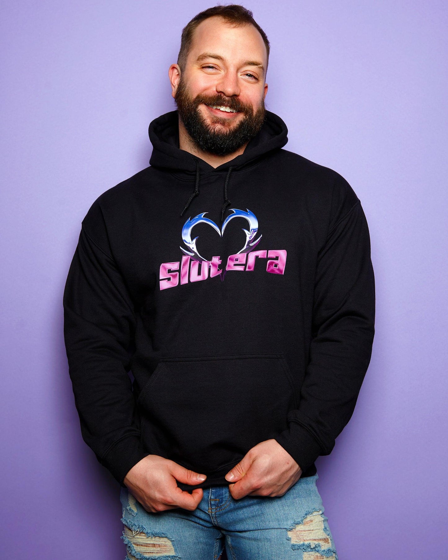 Chrome Y2K: SLUT ERA, chrome and pink on black - pullover hoodie.