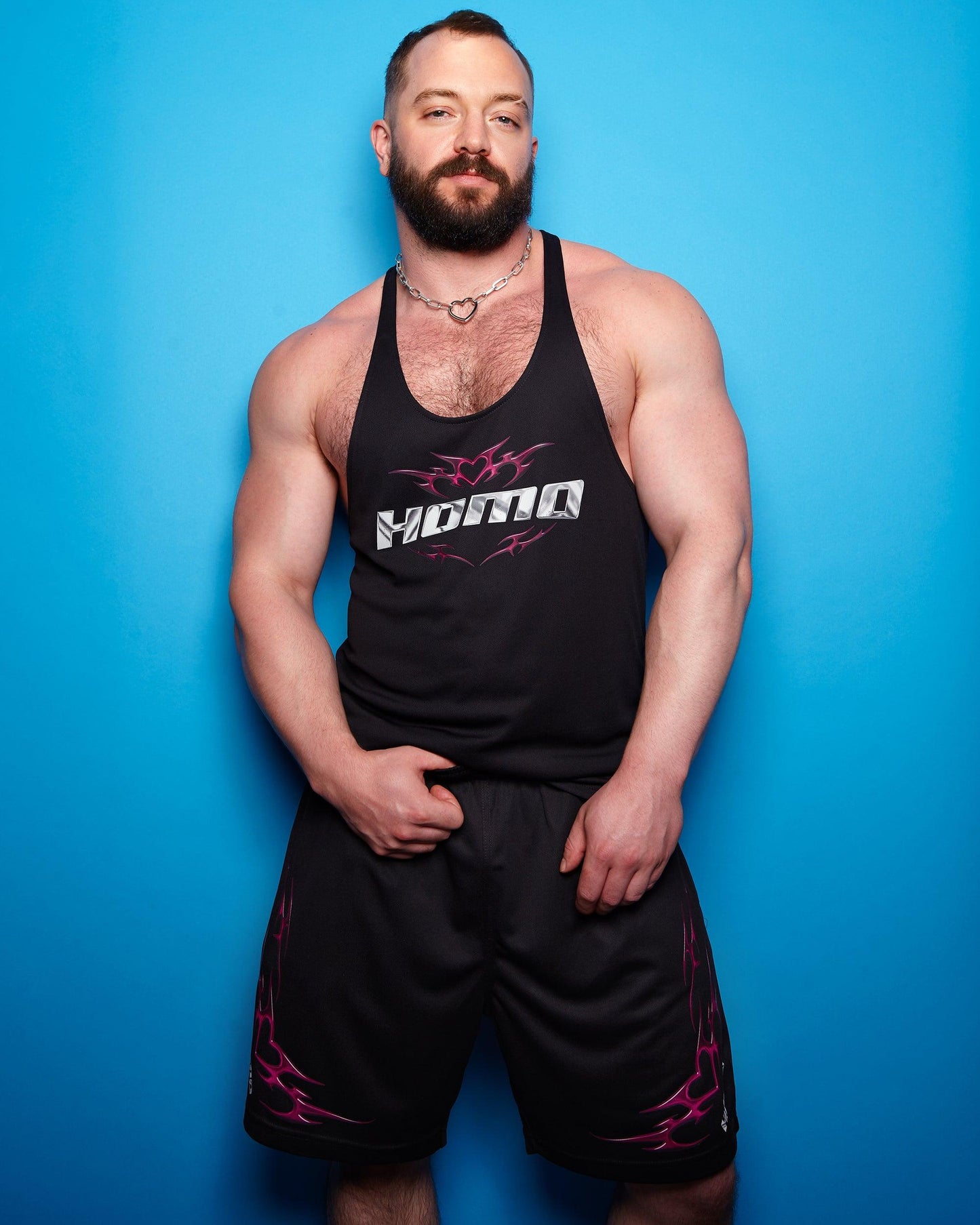 Double Pack - Chrome Y2K: HOMO, silver and pink on black- tank and basket ball shorts - Full outfit.