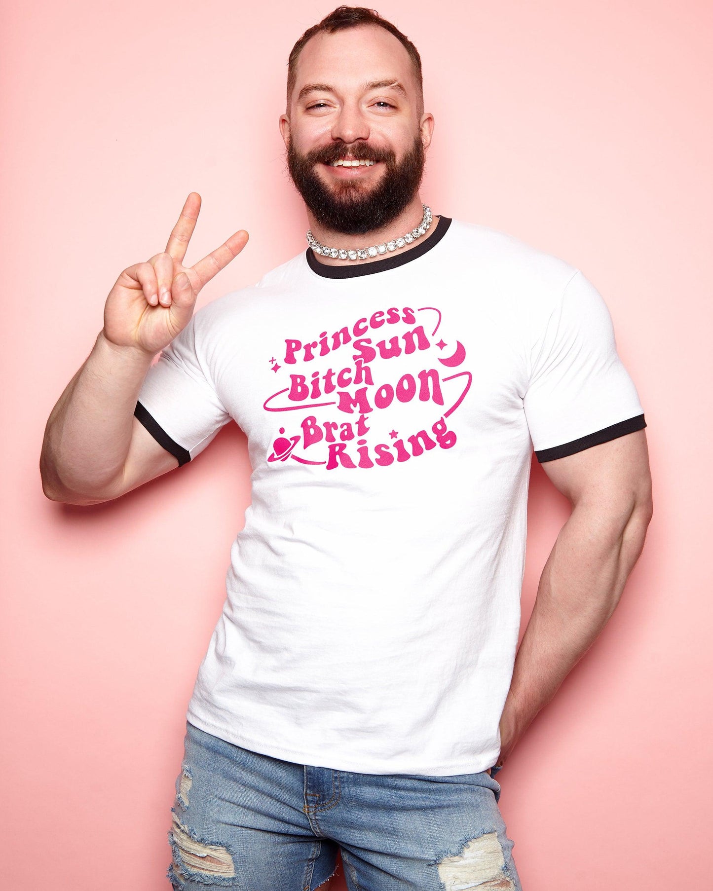 princess sun, bitch moon, brat rising. Pink flock on black trim - slim fit tee.