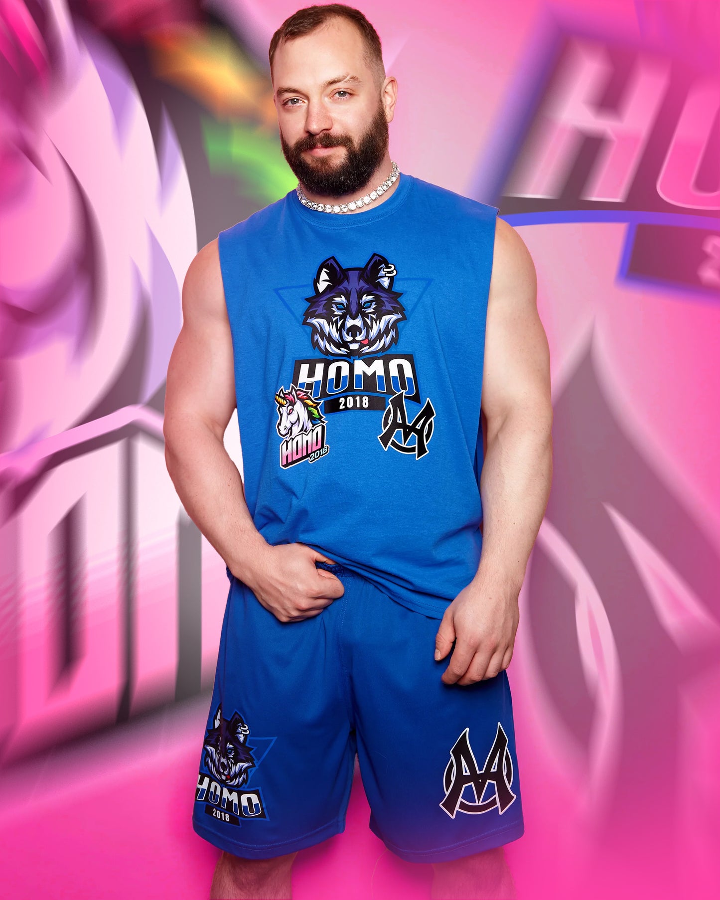 Double pack - sporty wolf, blue - sideless tee & basketball shorts - full outfit.