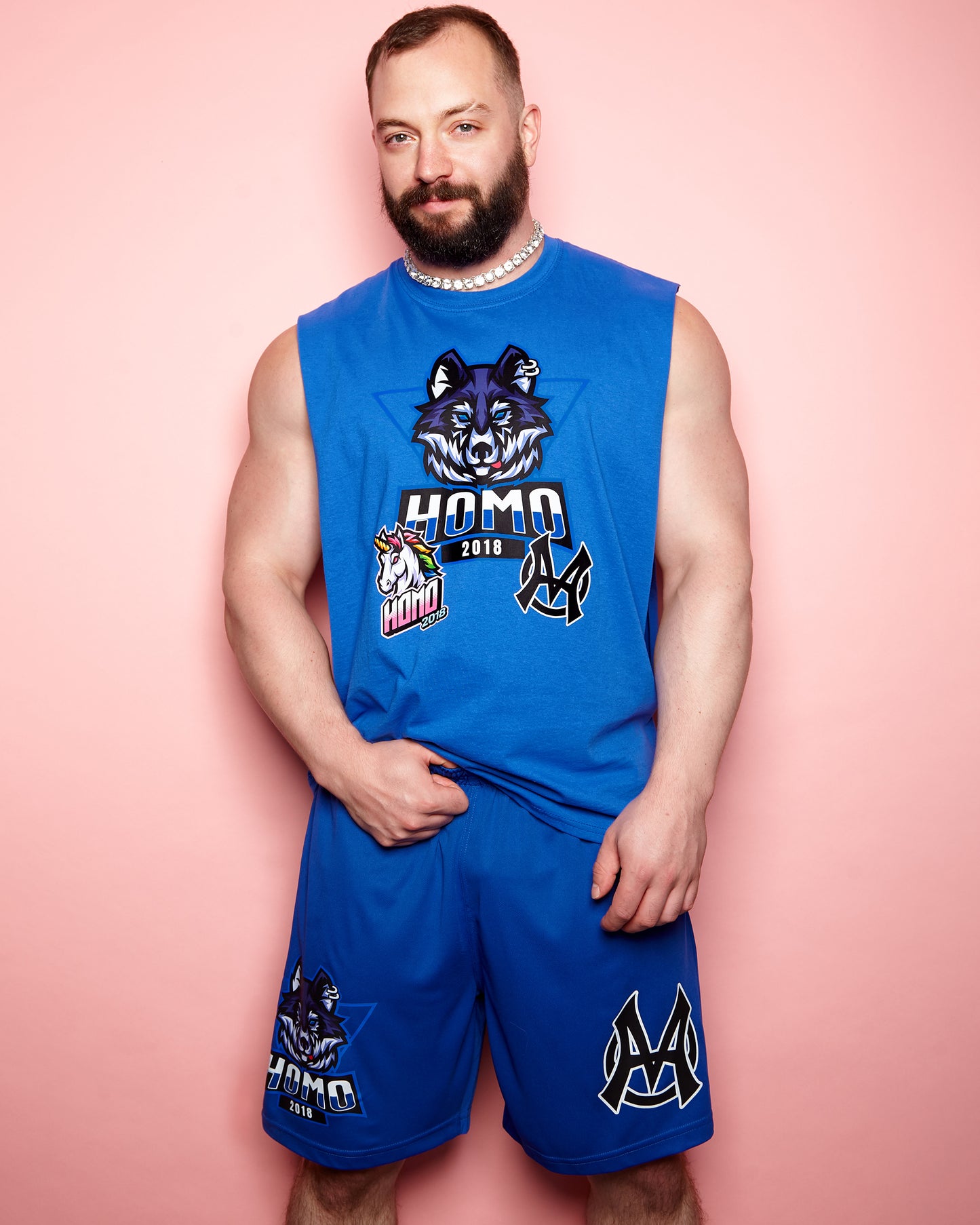 Double pack - sporty wolf, blue - sideless tee & basketball shorts - full outfit.