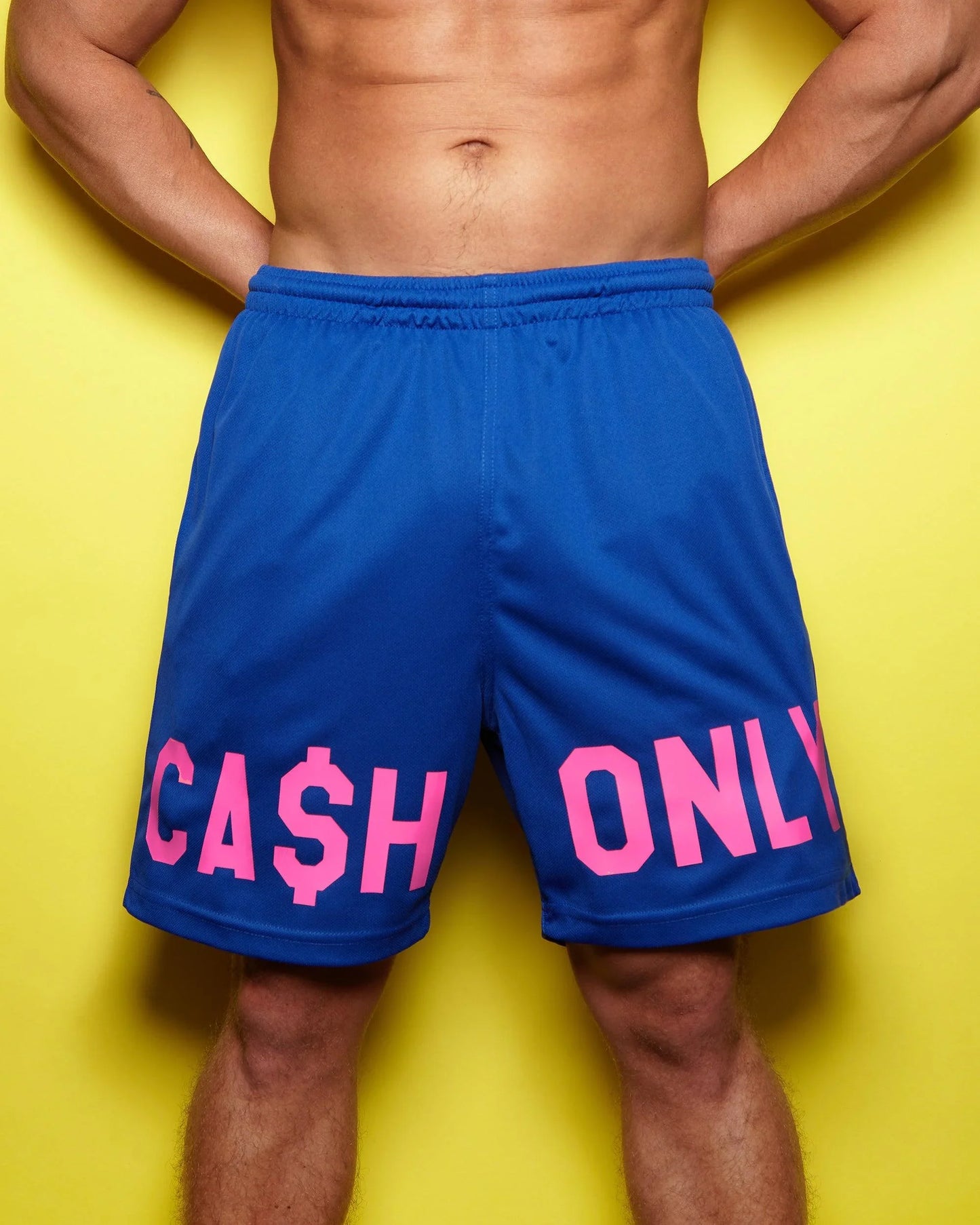 Fluorescent pink cash only - blue basketball shorts