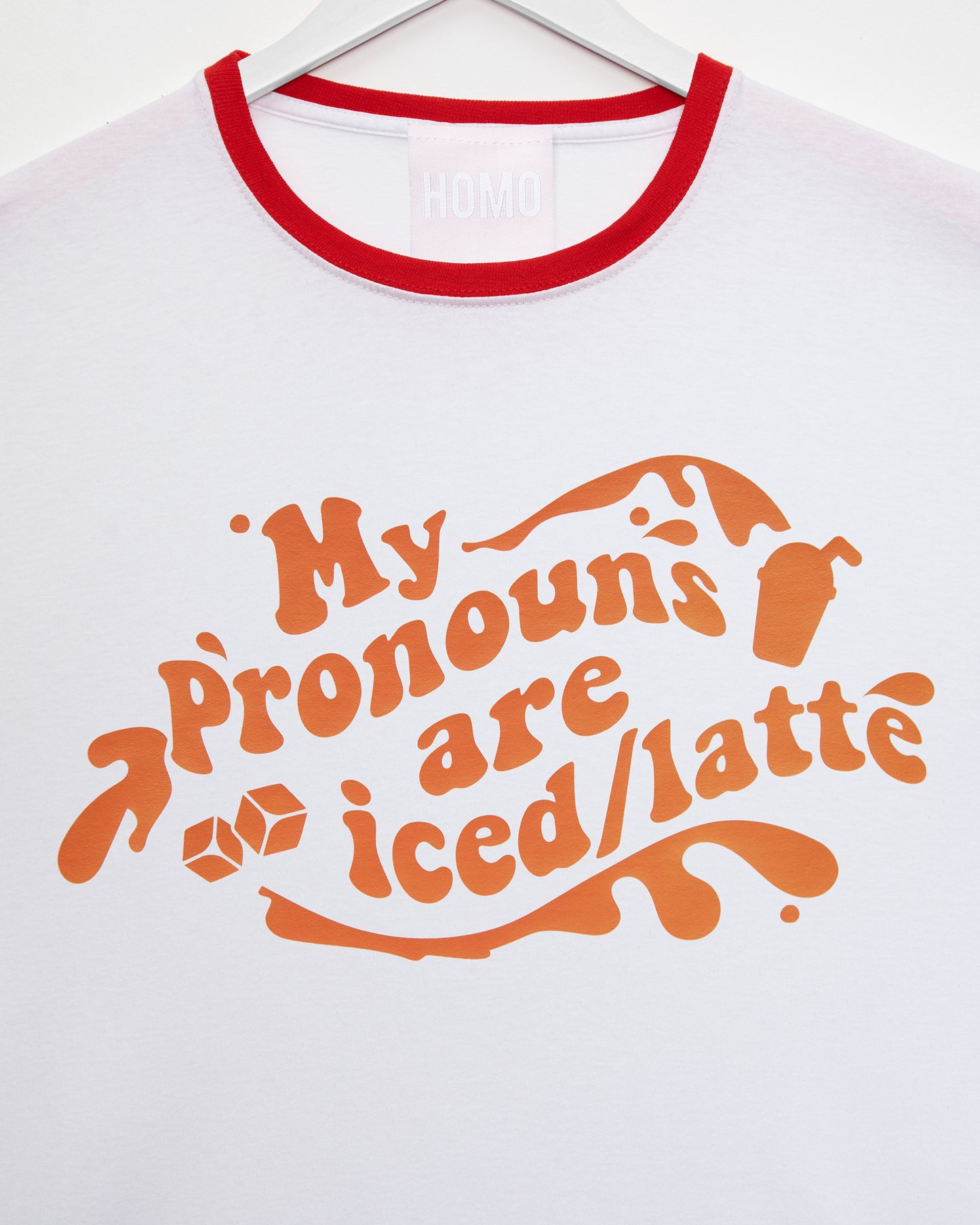 My pronouns are iced/latte, red trim - tee.