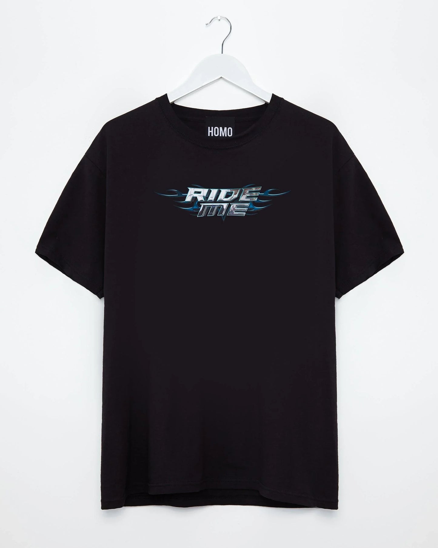 Chrome Y2K: RIDE ME, silver on black - tee - HOMOLONDON