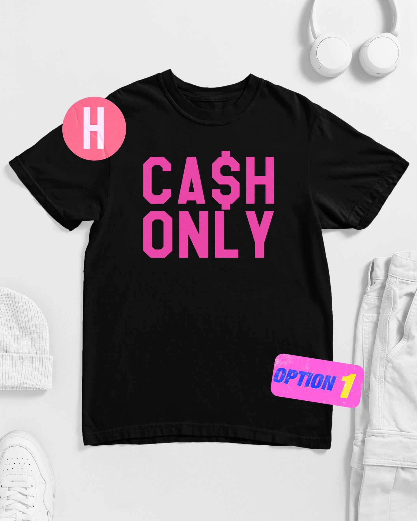 Cash only, fluorescent pink flock on black - tee