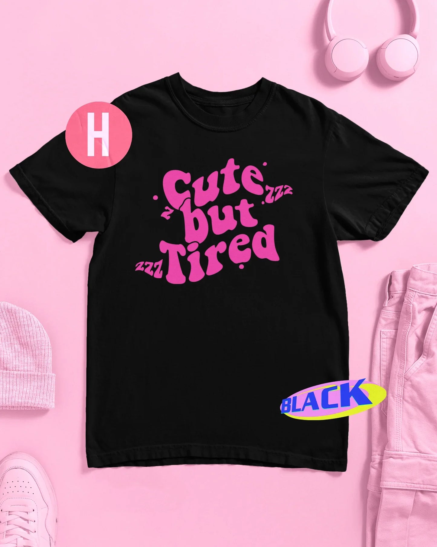 Cute but psycho slogan, pink flock on black - tee