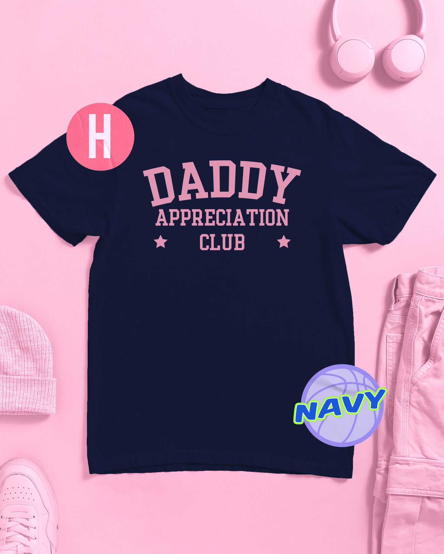 Daddy application club, pink flock on navy - tee