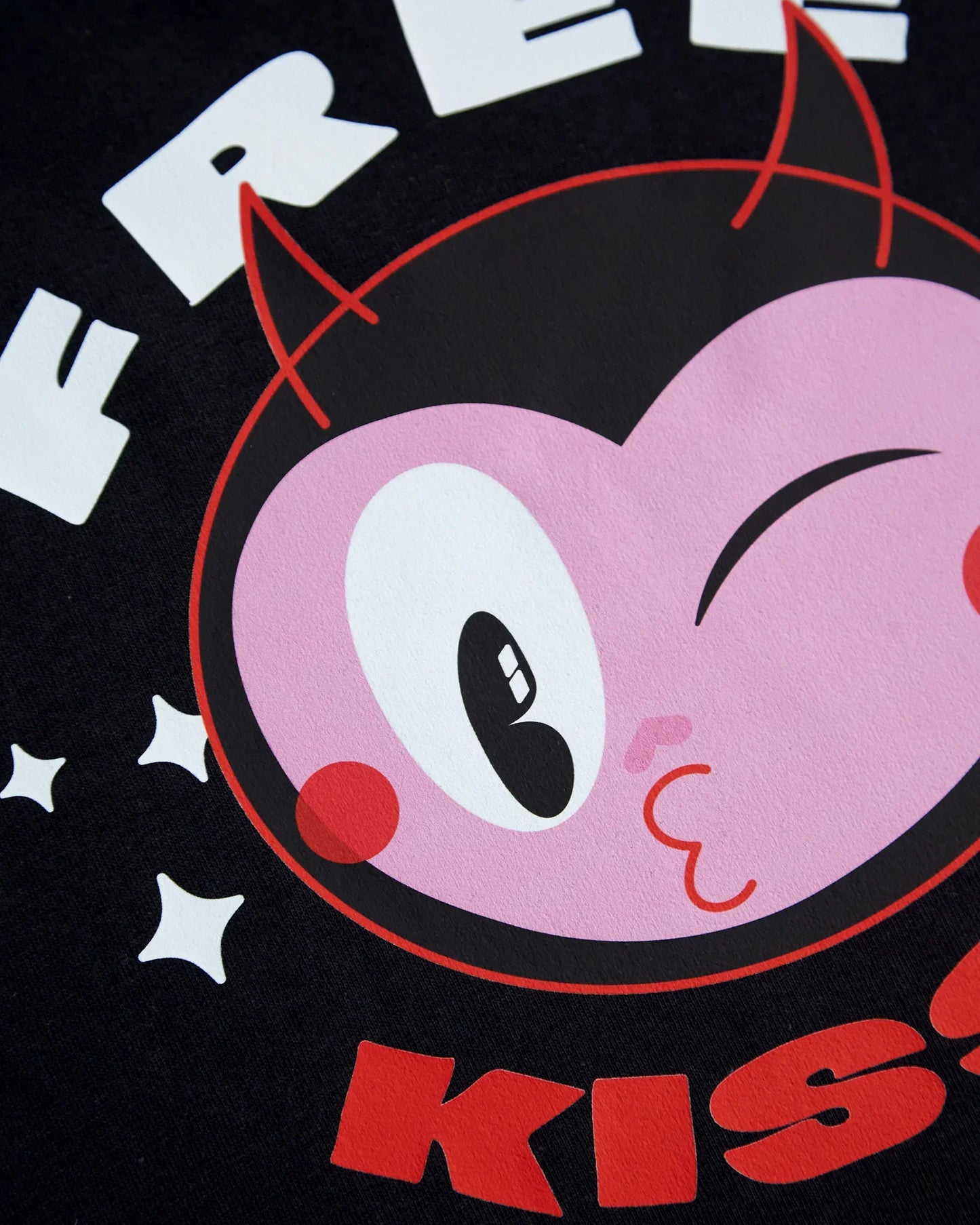Devilish, Free kisses on black. Distressed Sleeveless crop/tshirt crop.