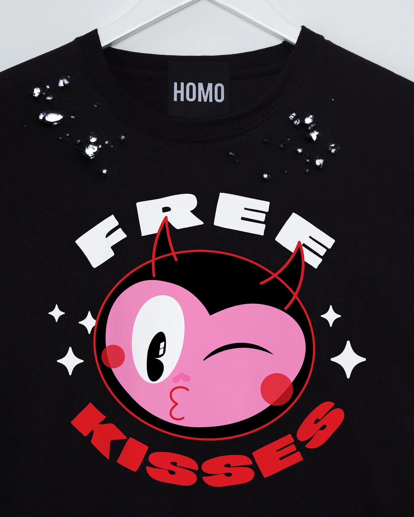 Devilish, Free kisses on black. Distressed Sleeveless crop/tshirt crop.