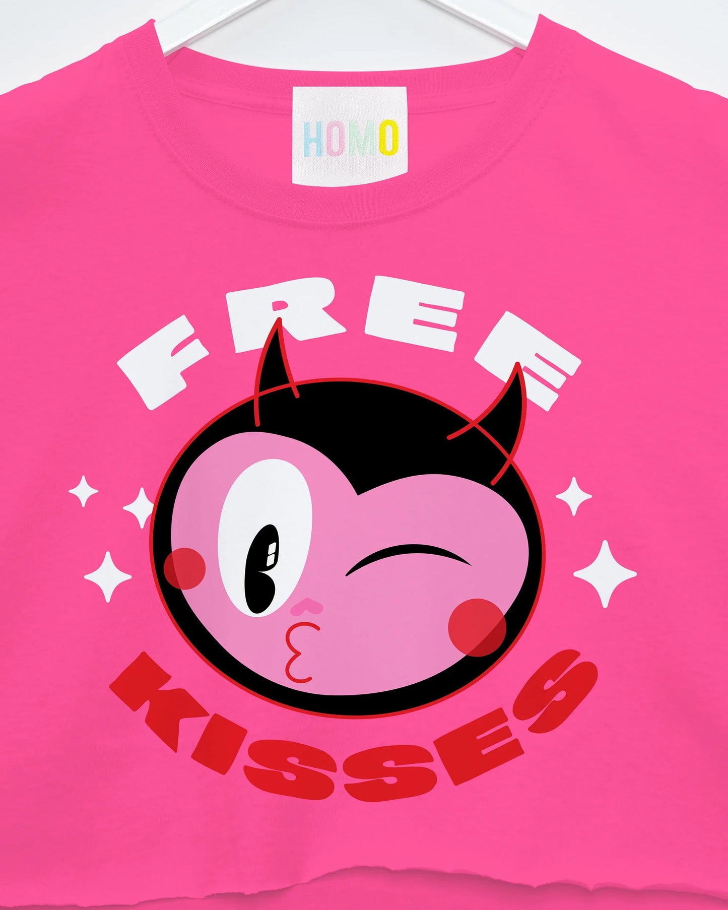 Devilish, Free kisses on pink sleeveless crop-top.