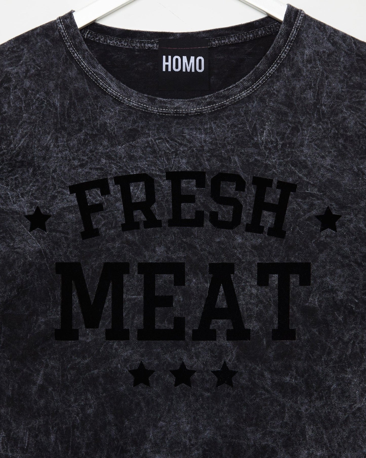 Fresh Meat - black flock on stone washed black sleeveless tshirt