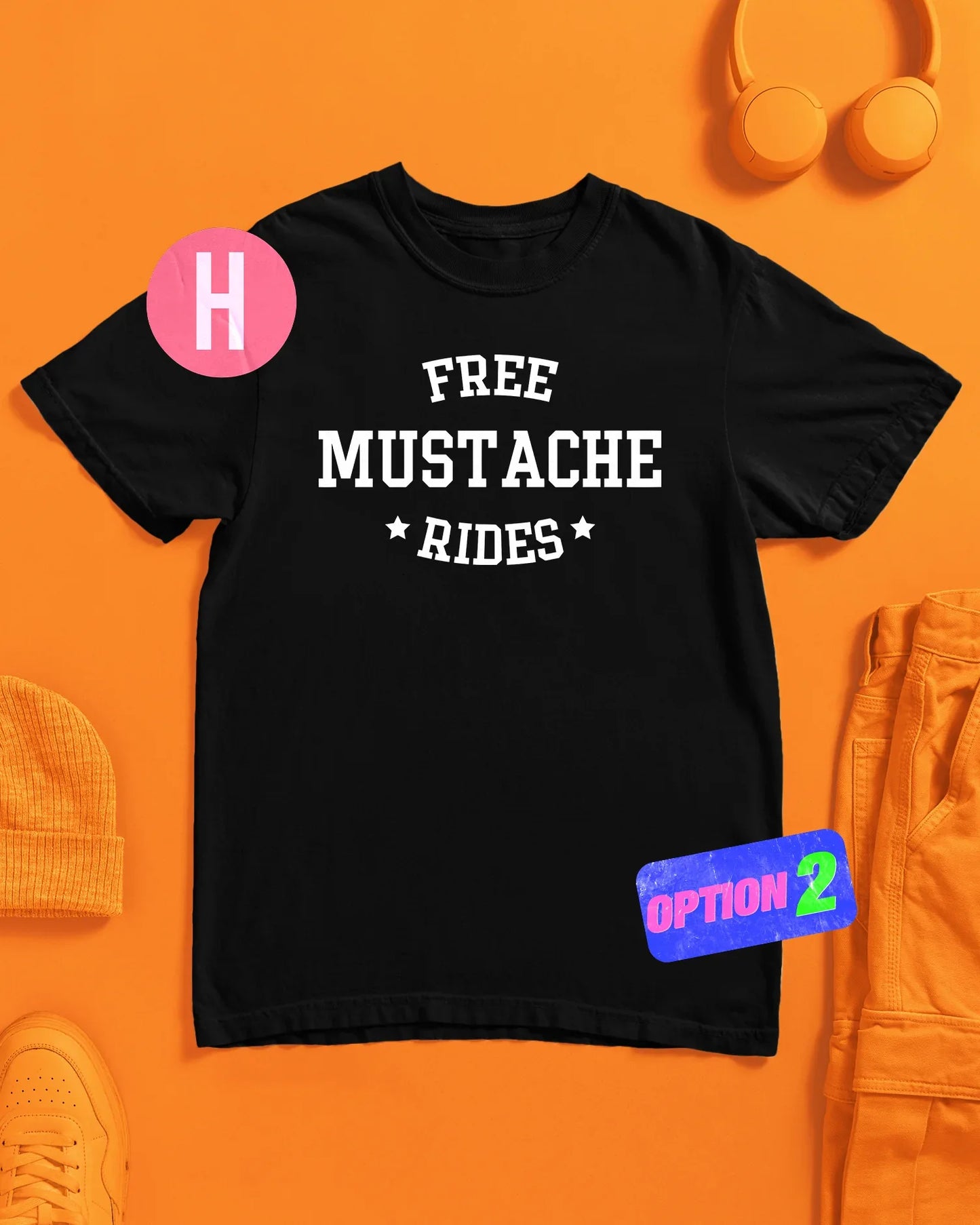 Free mustache rides, white flock on black - tee