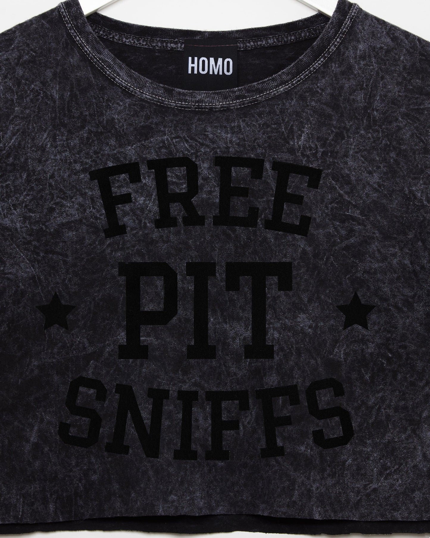 Free pit sniffs - black flock on black stone wash crop top
