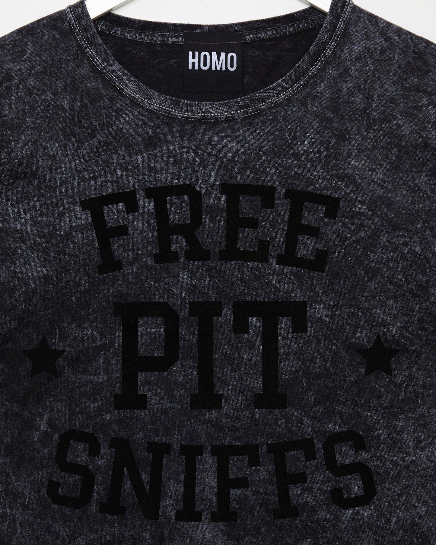 Free pit sniffs - black flock on black stone wash tshirt crop / low cut crop