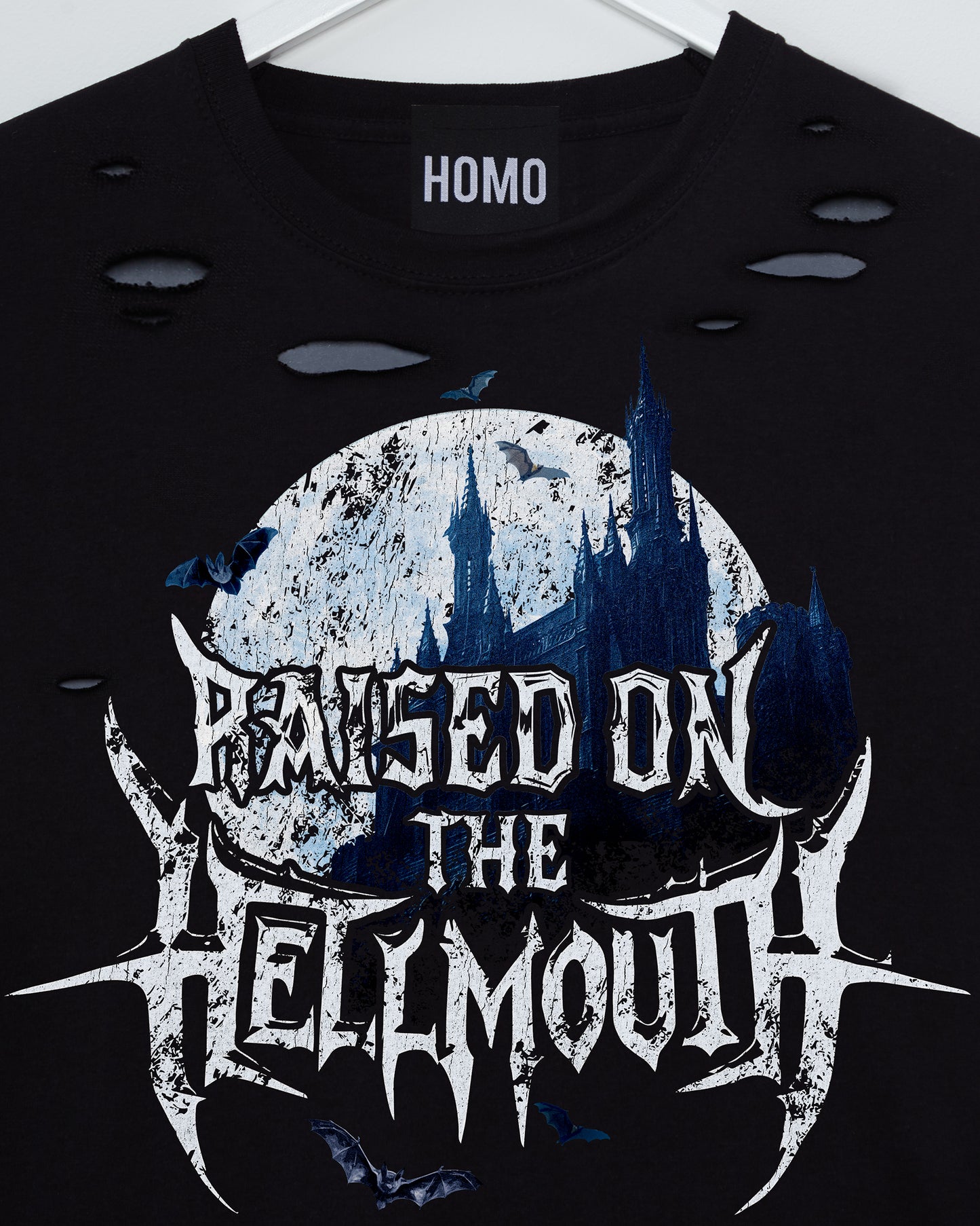 Born of the Hellmouth, distressed low cut cropped tee - black