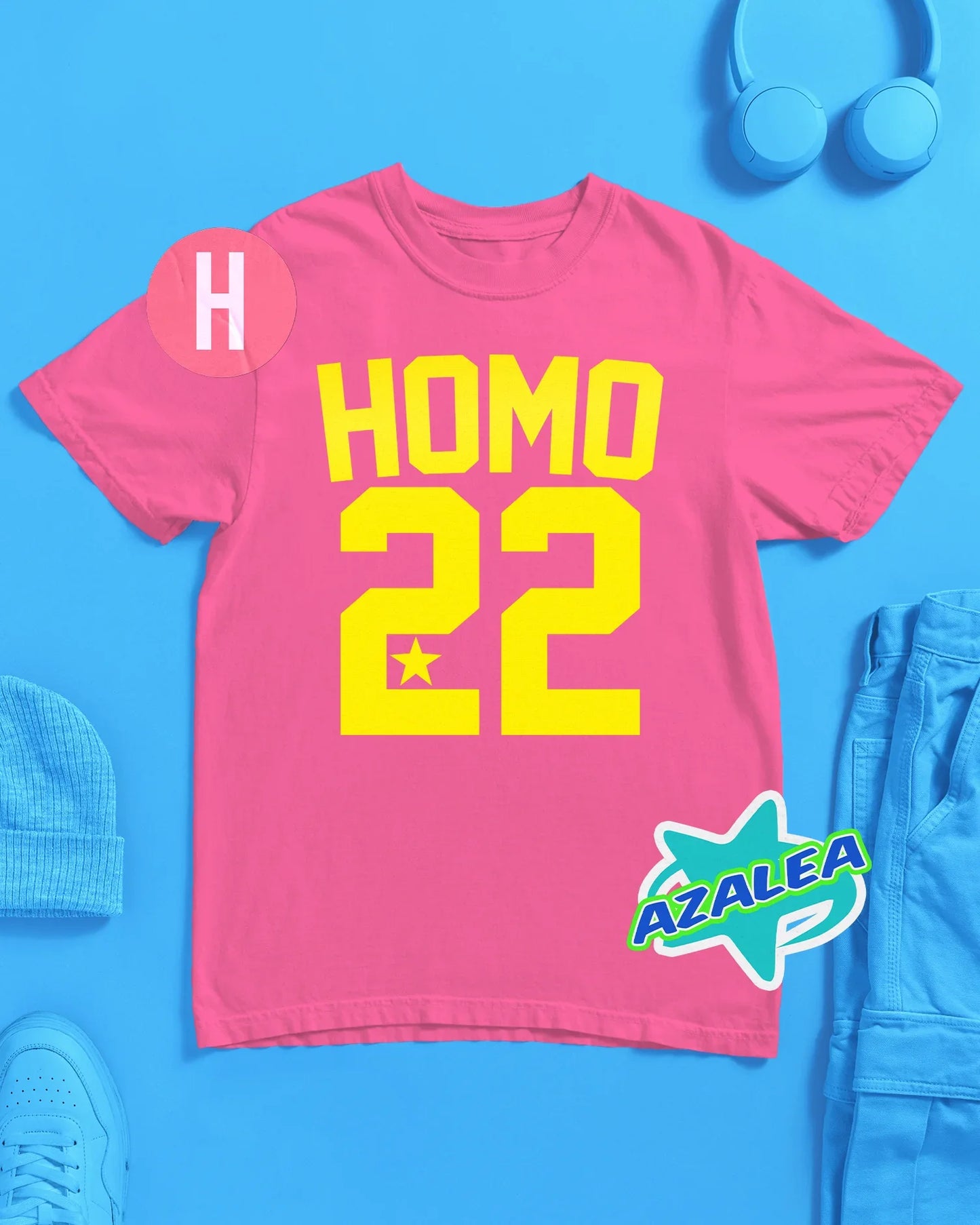 Gay sports inspired HOMO 22 slogan, fluorescent yellow on pink - tee