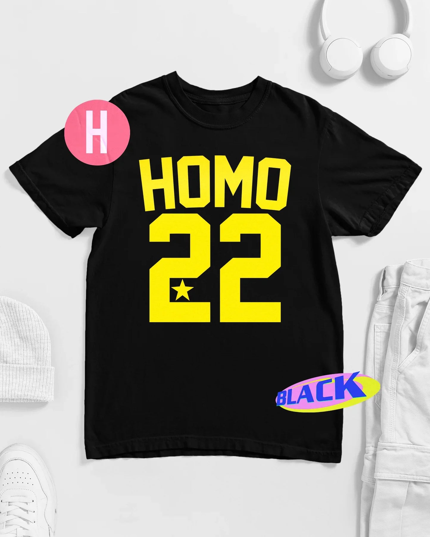 Gay sports inspired HOMO 22 slogan, fluorescent yellow on black - tee