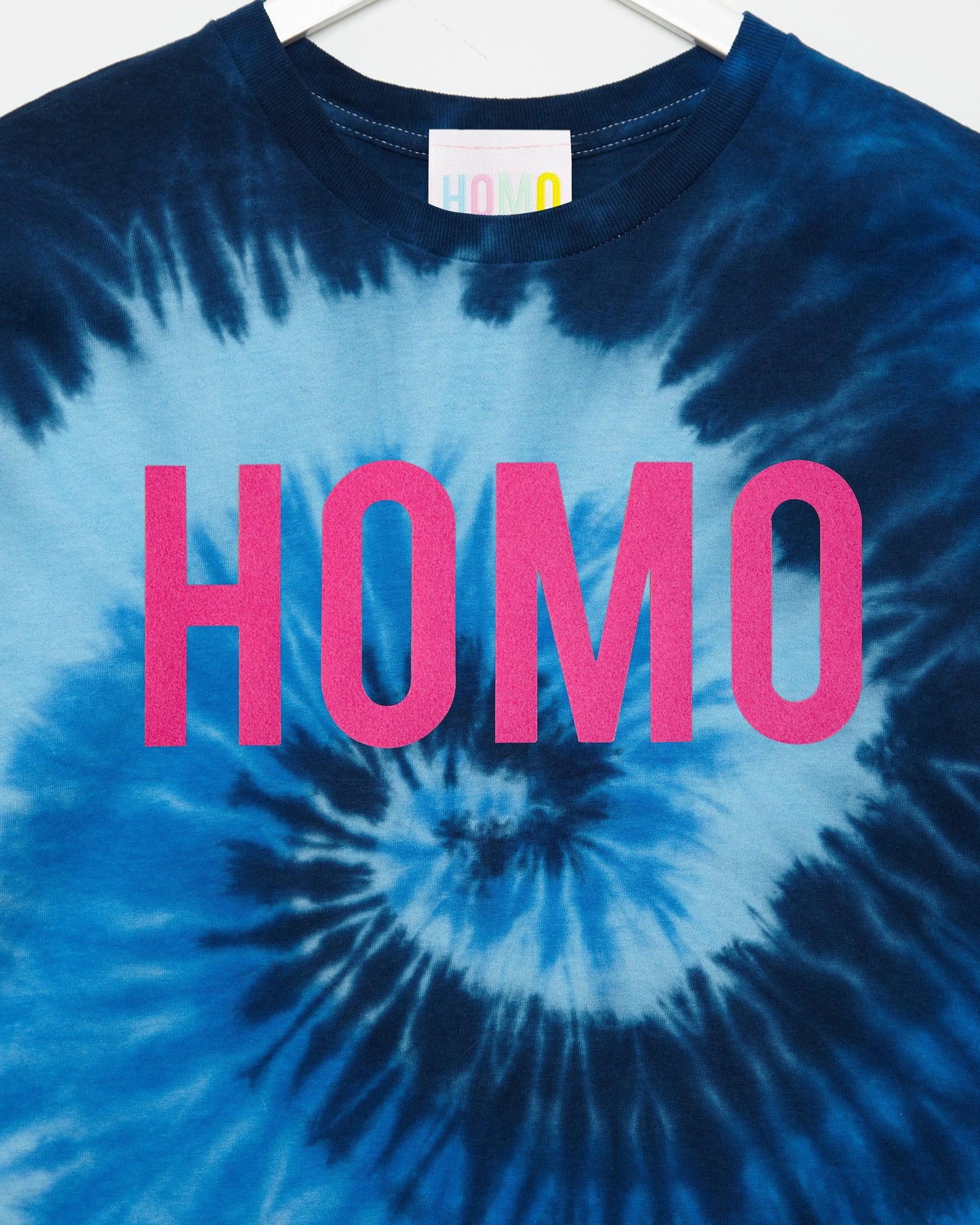 Pink flock HOMO on blue tie-dye - low cut crop top