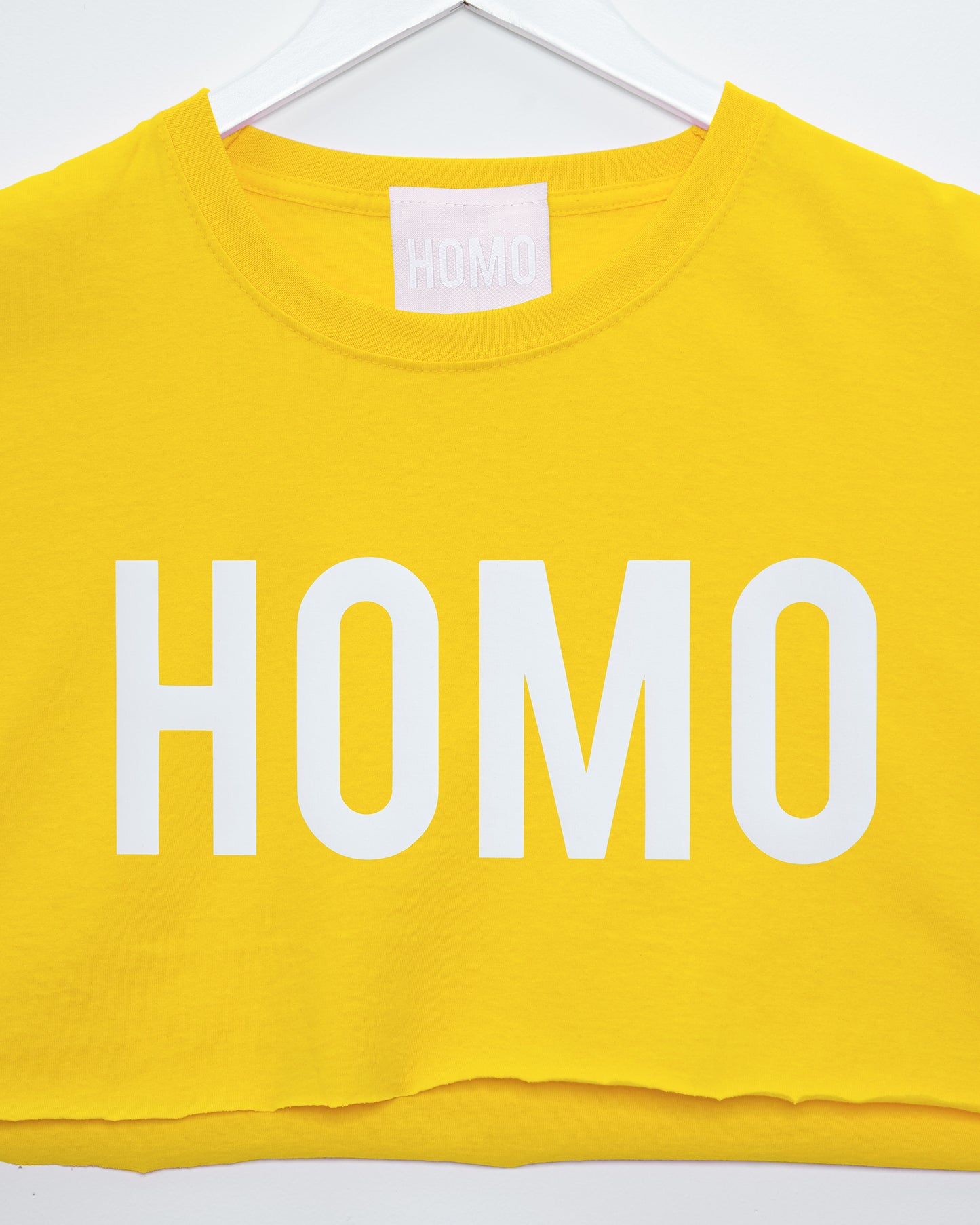 Double pack - HOMO white on yellow - crop top and short shorts - Full outfit.