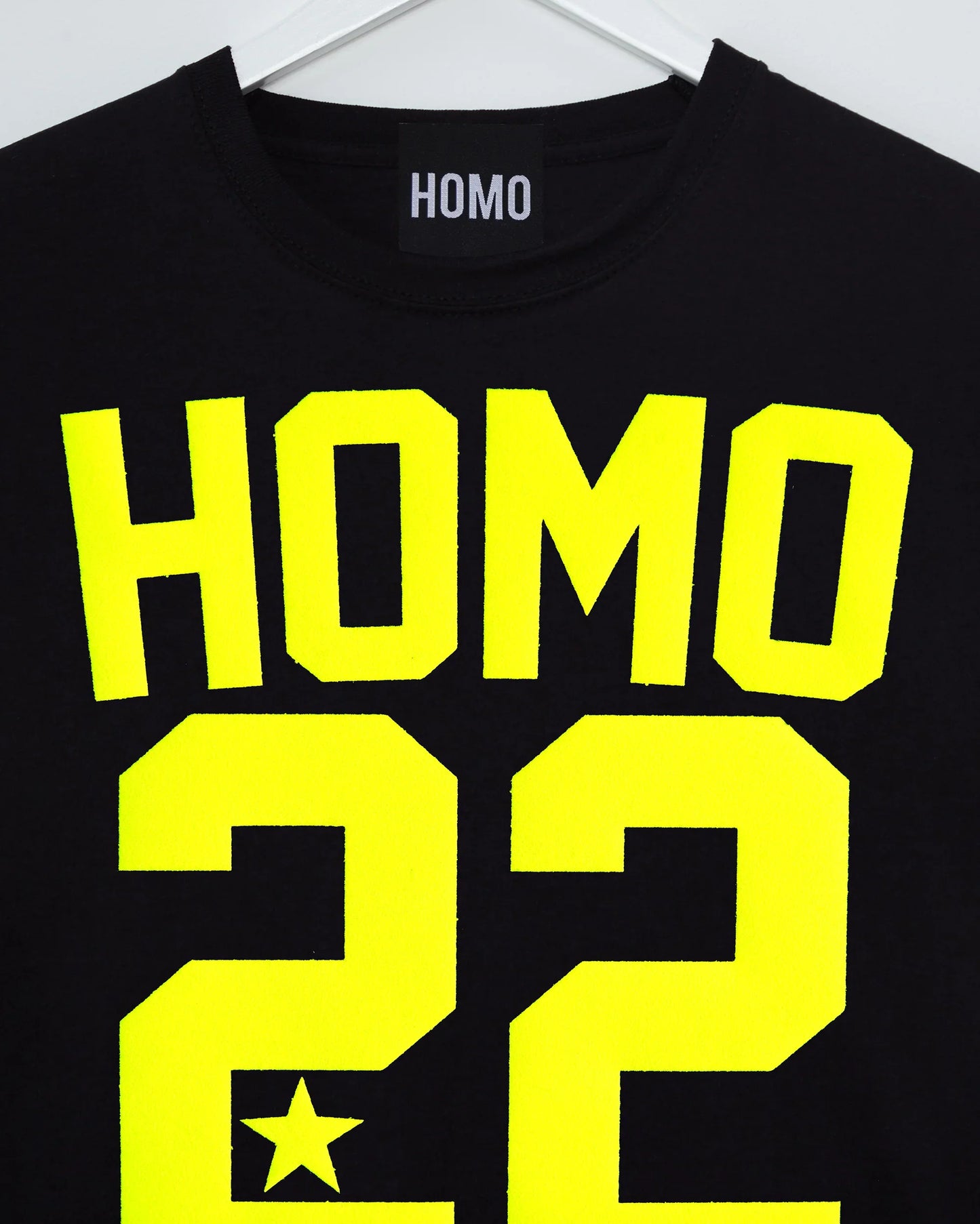 Sports jersey HOMO 22 - fluorescent yellow flock on black sleeveless cropped tshirt