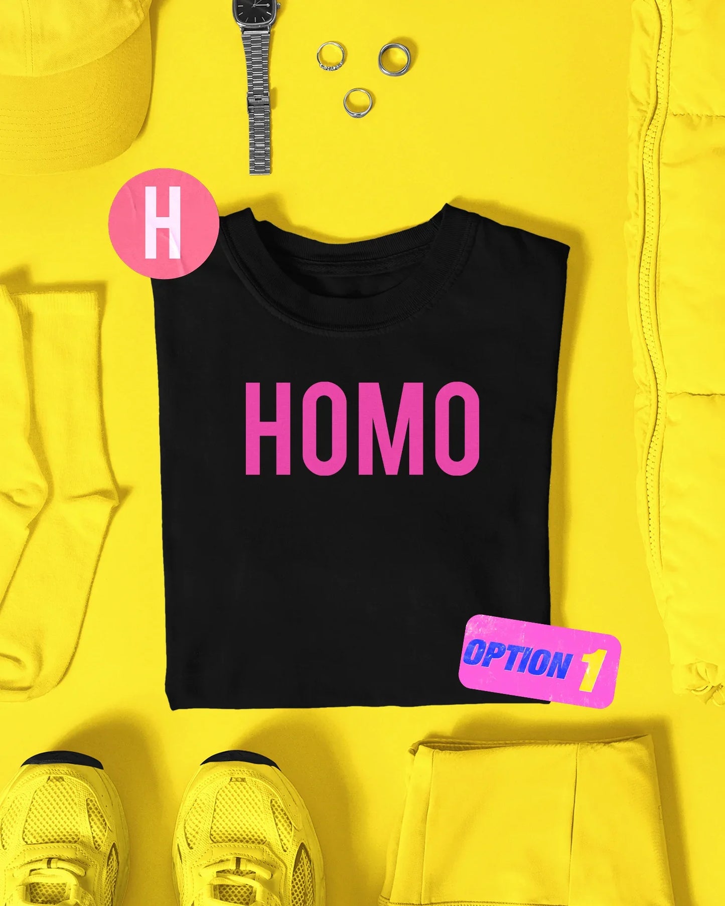 HOMO slogan, pink flock on black - tee