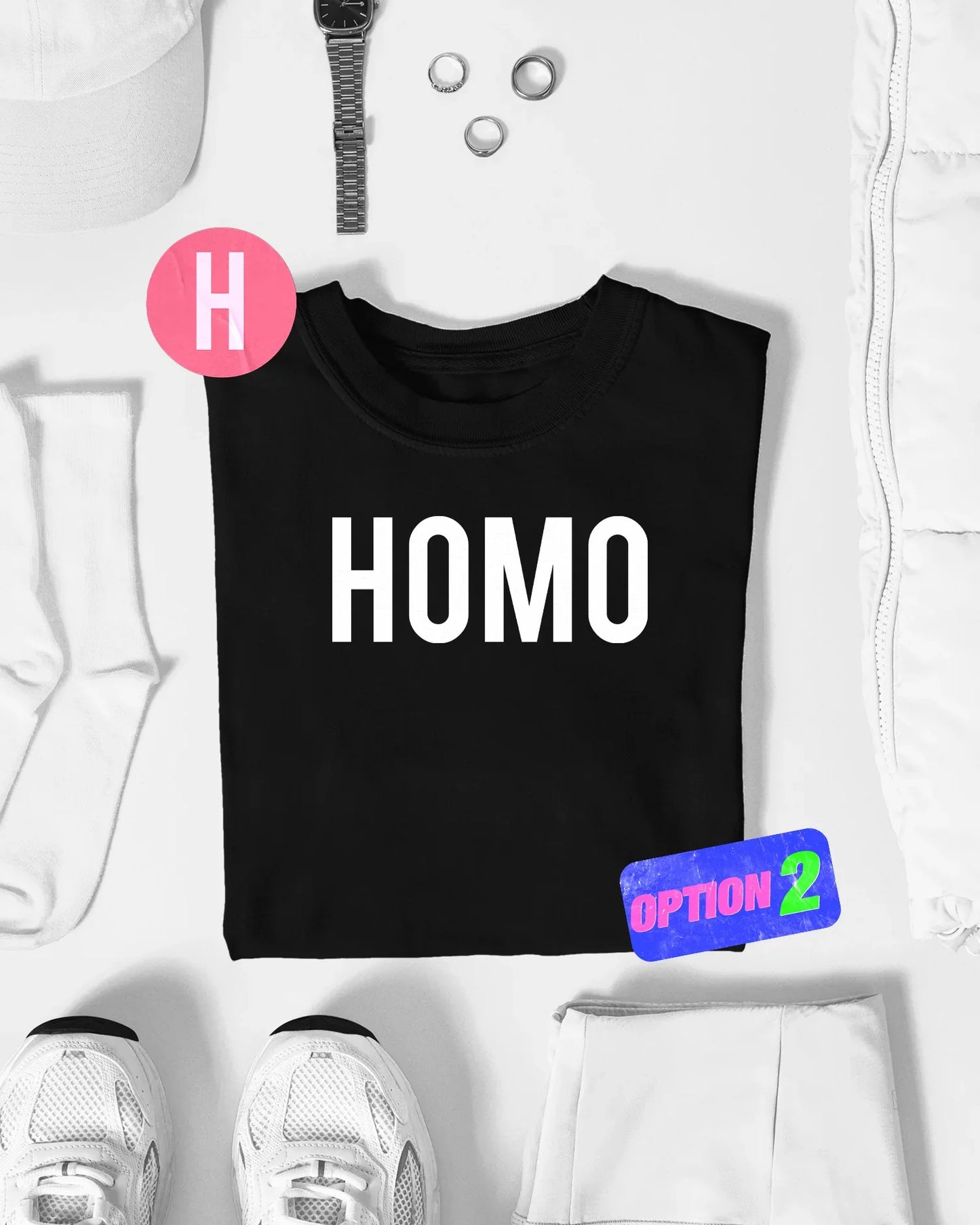 HOMO slogan, white flock on black - tee