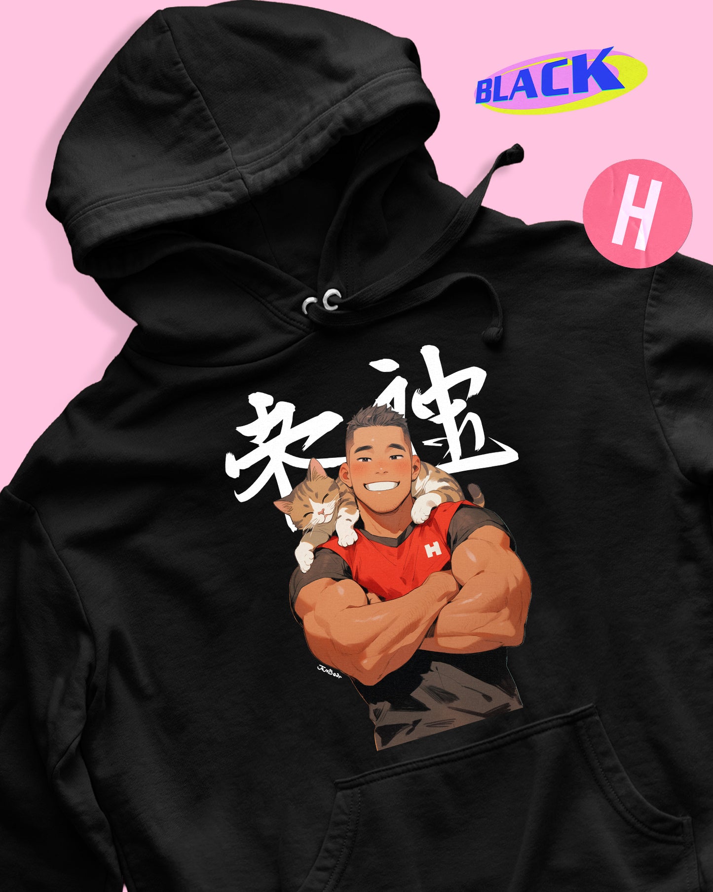 Hunky guy with kitten soft style hoodie - black