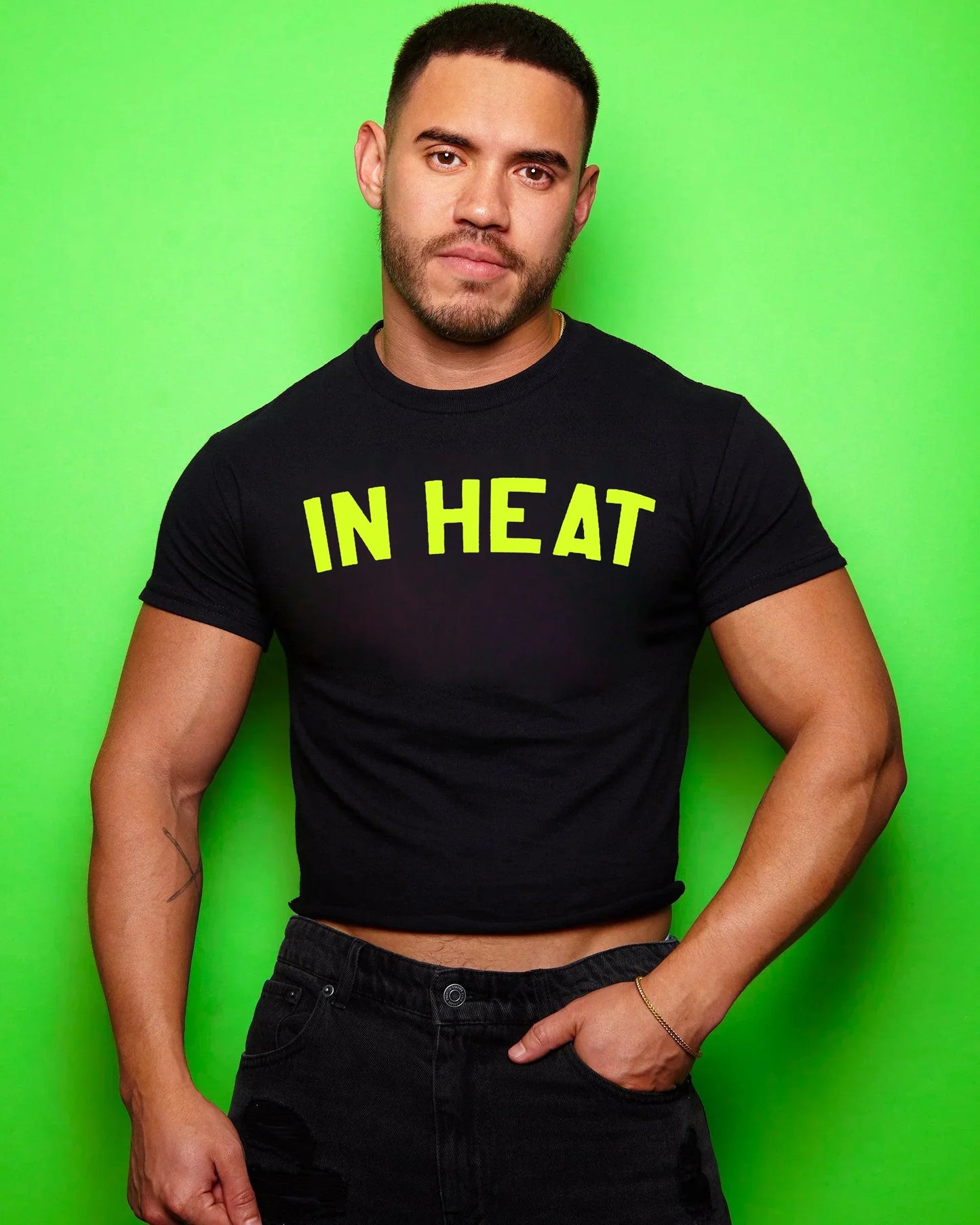 In heat in fluorescent yellow - black cropped tee / crop top