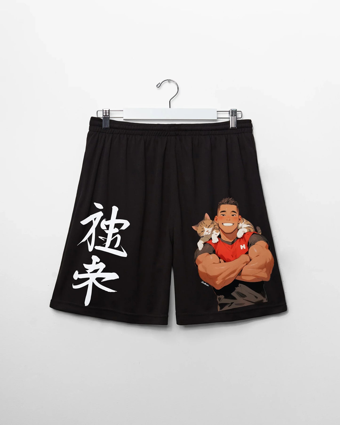 Jojo Bear: Hunky Joseph with kitten buddy on black - basket ball shorts