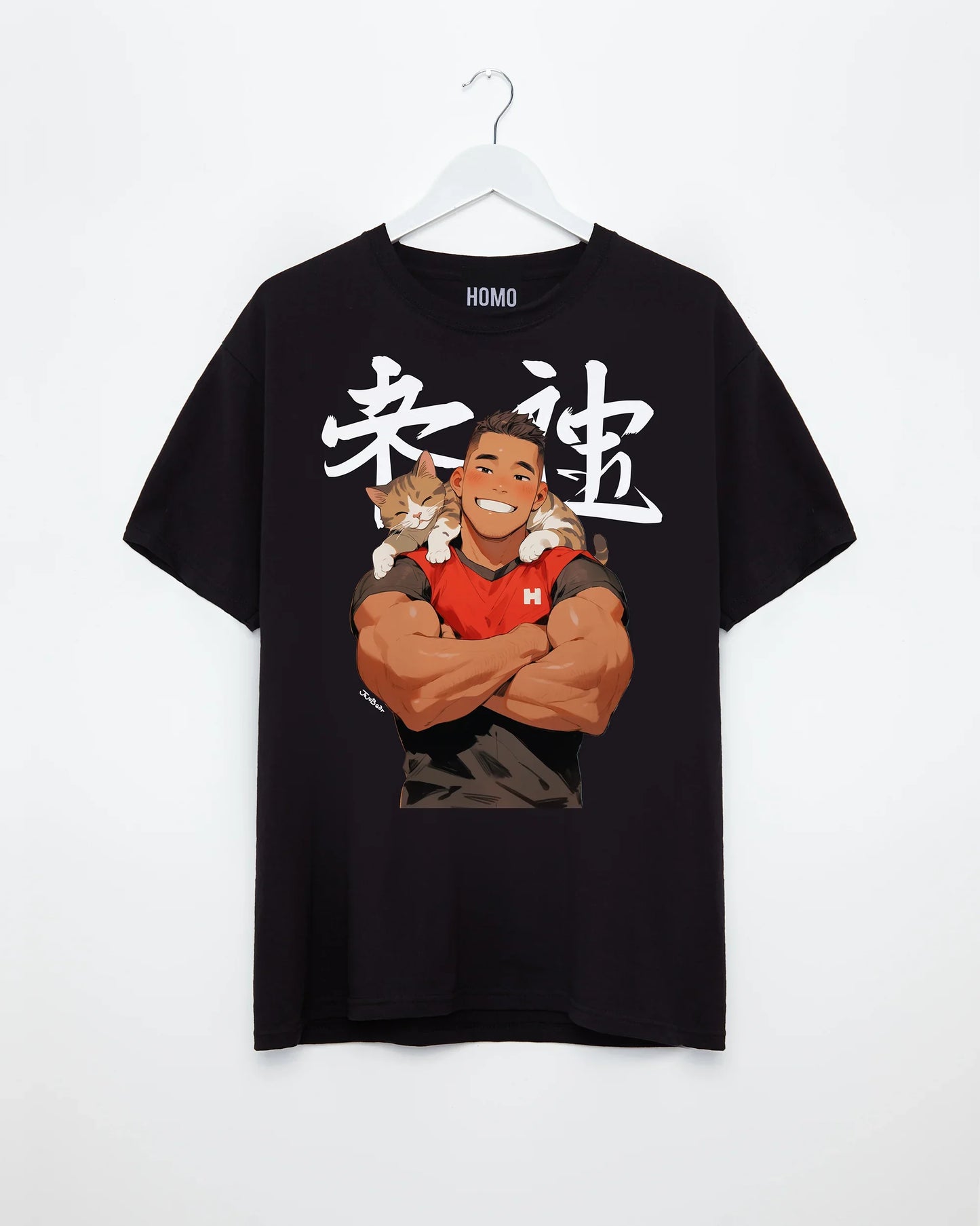 Jojo Bear: Hunky Joseph with kitten buddy on black - tshirt