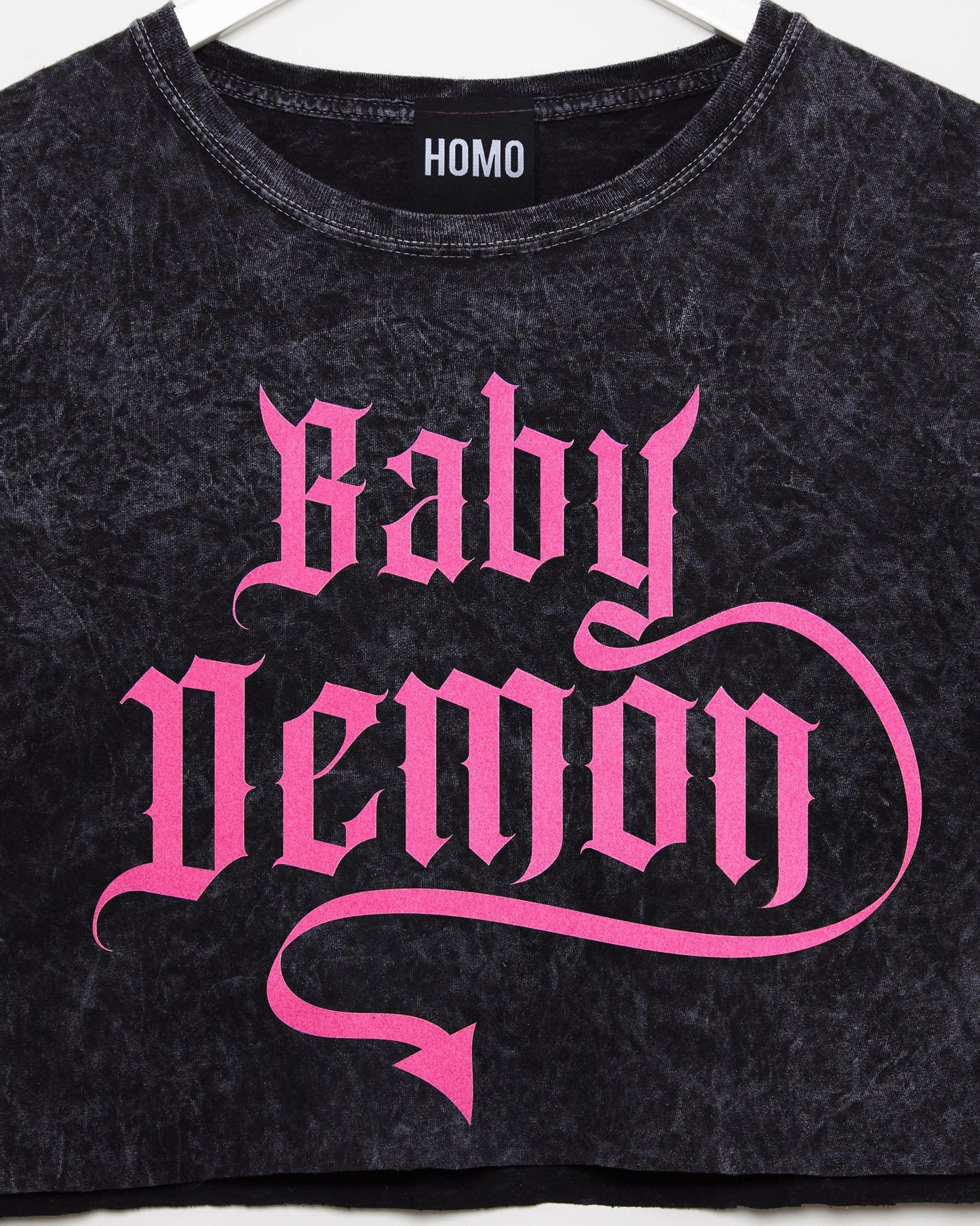 Baby demon - Pink flock on black stone wash crop top