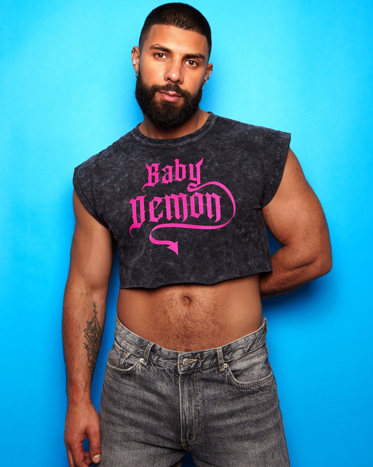 Baby demon - Pink flock on black stone wash crop top