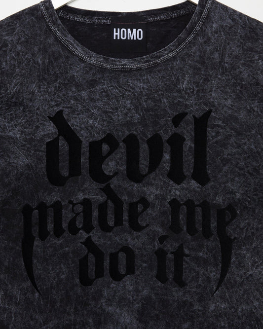 Devil made me do it, black flock on black stone wash tshirt
