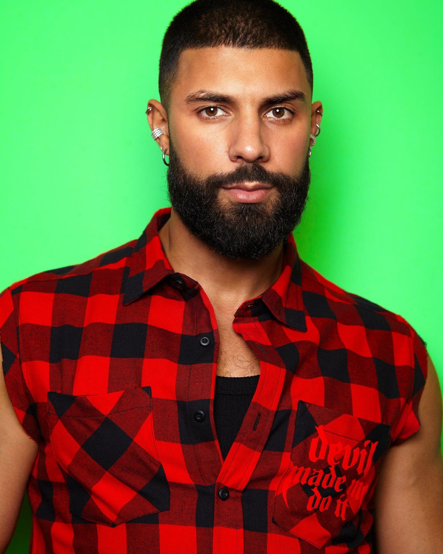 Devil made me do it, red flock on sleeveless checked flannel shirt