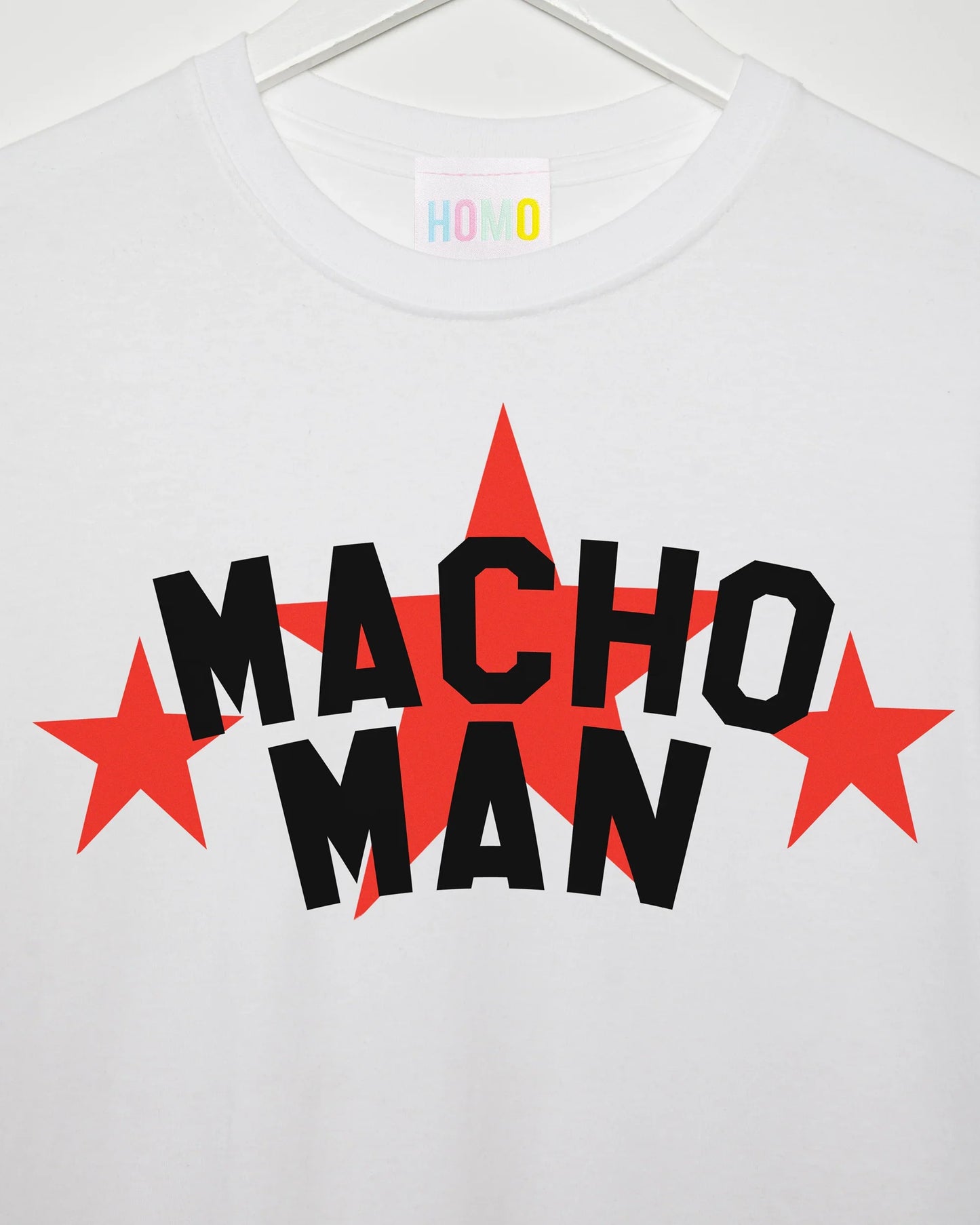Slogan tee: Macho man on white tshirt