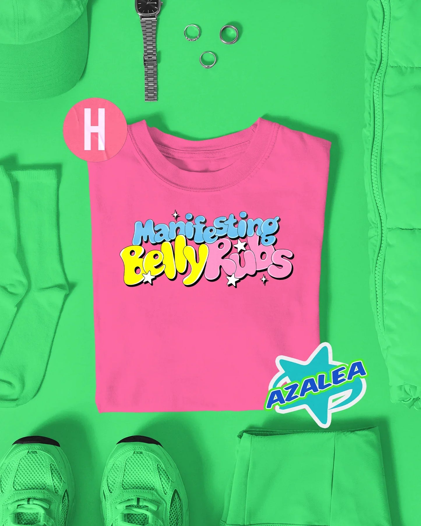 Manifesting belly rubs slogan on pink - tee