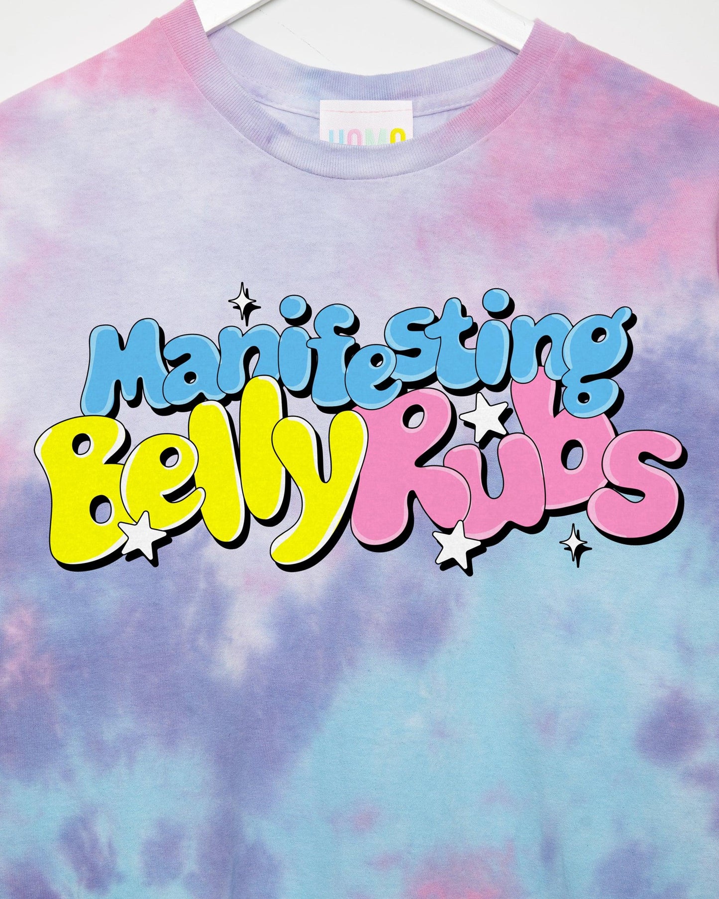 Manifesting belly rubs on tie-dye - sideless tshirt