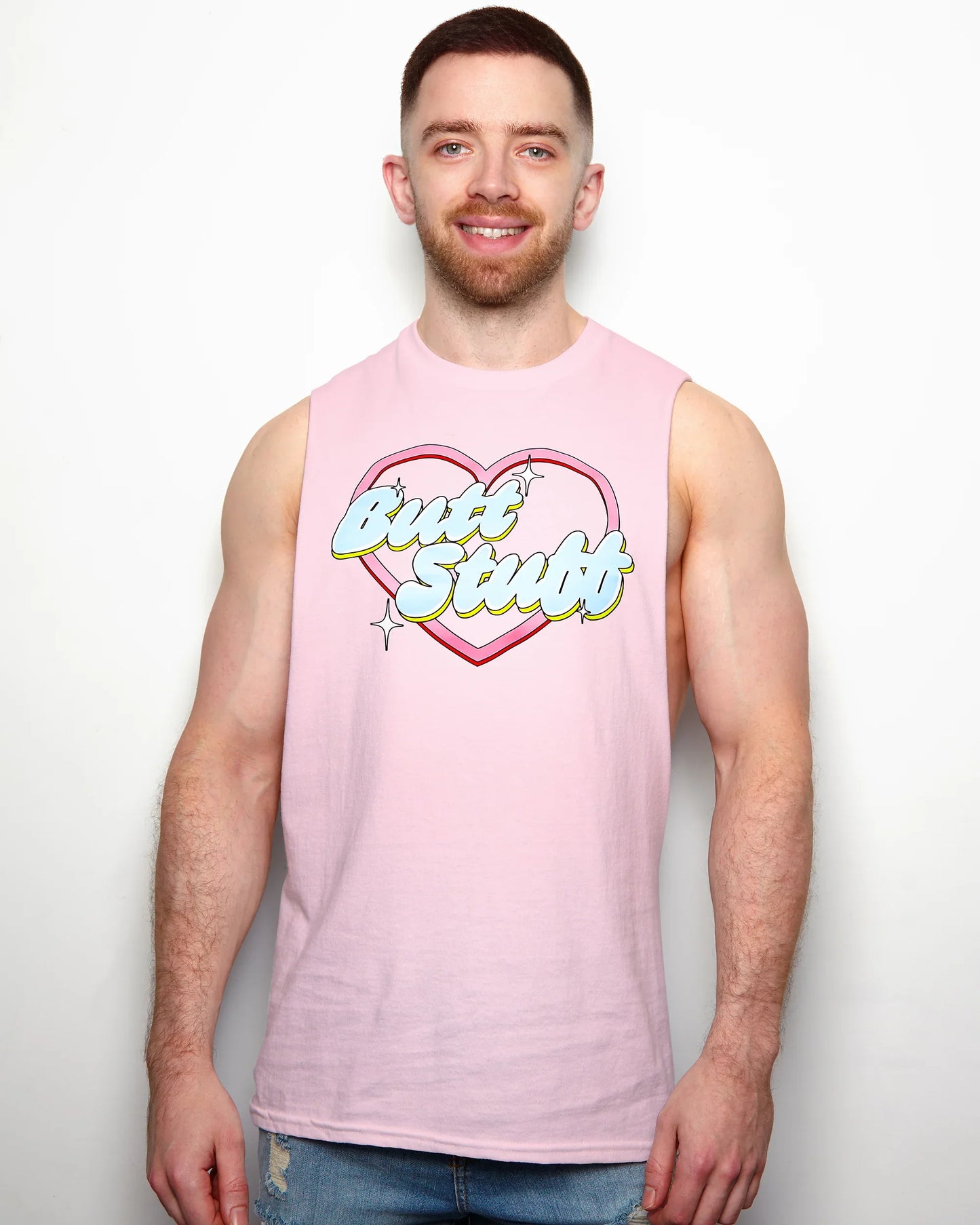 Butt Stuff on light pink sideless tshirt