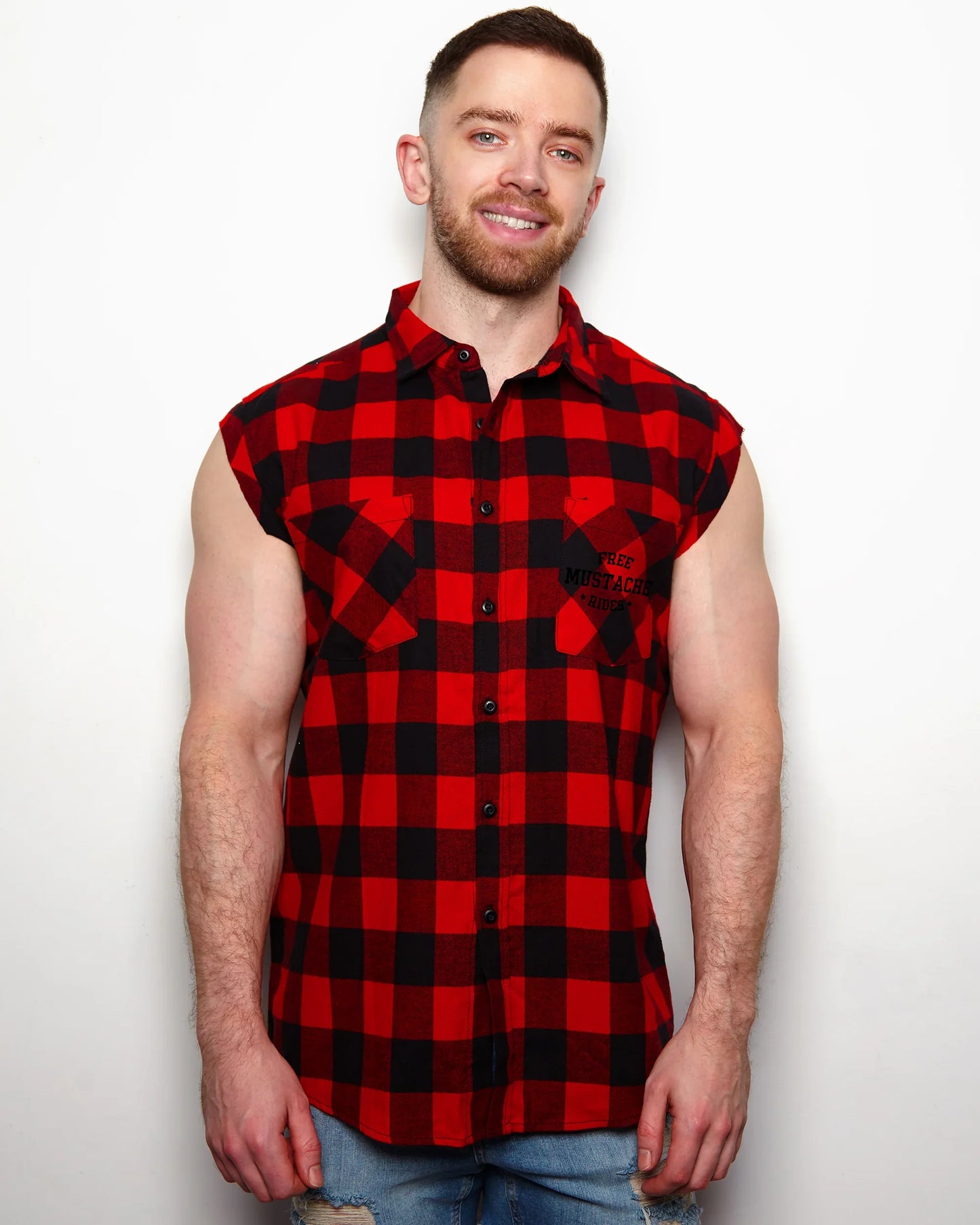 Free mustache rides, black flock on sleeveless checkered shirt