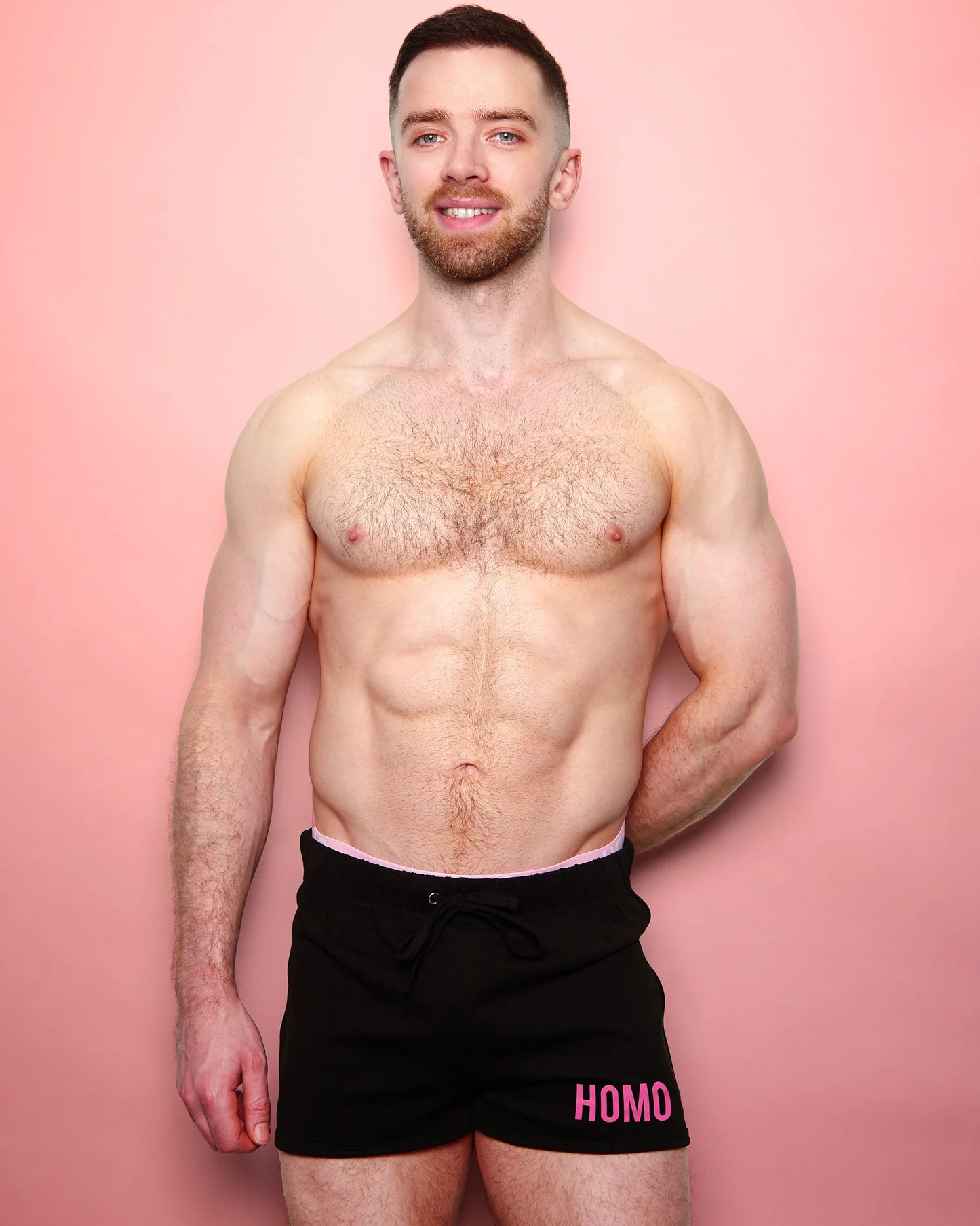 HOMO, Black on black with Pink flock logo - Retro shorts