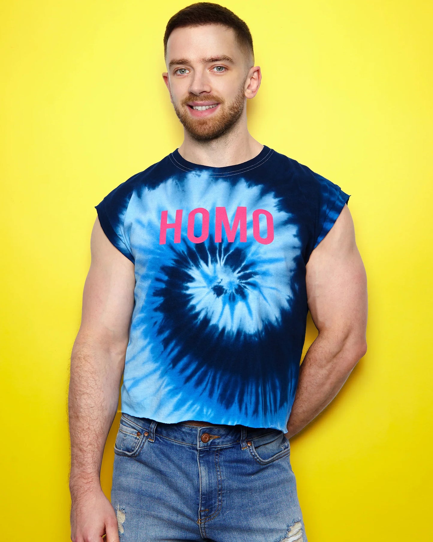 Pink flock HOMO on blue tie-dye - low cut crop top