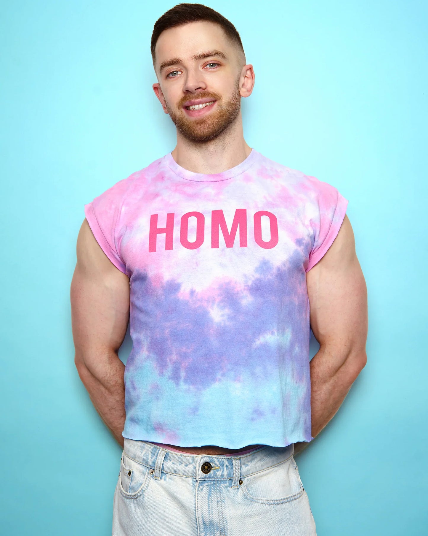 Pink flock HOMO on pink tie-dye - low cut crop top